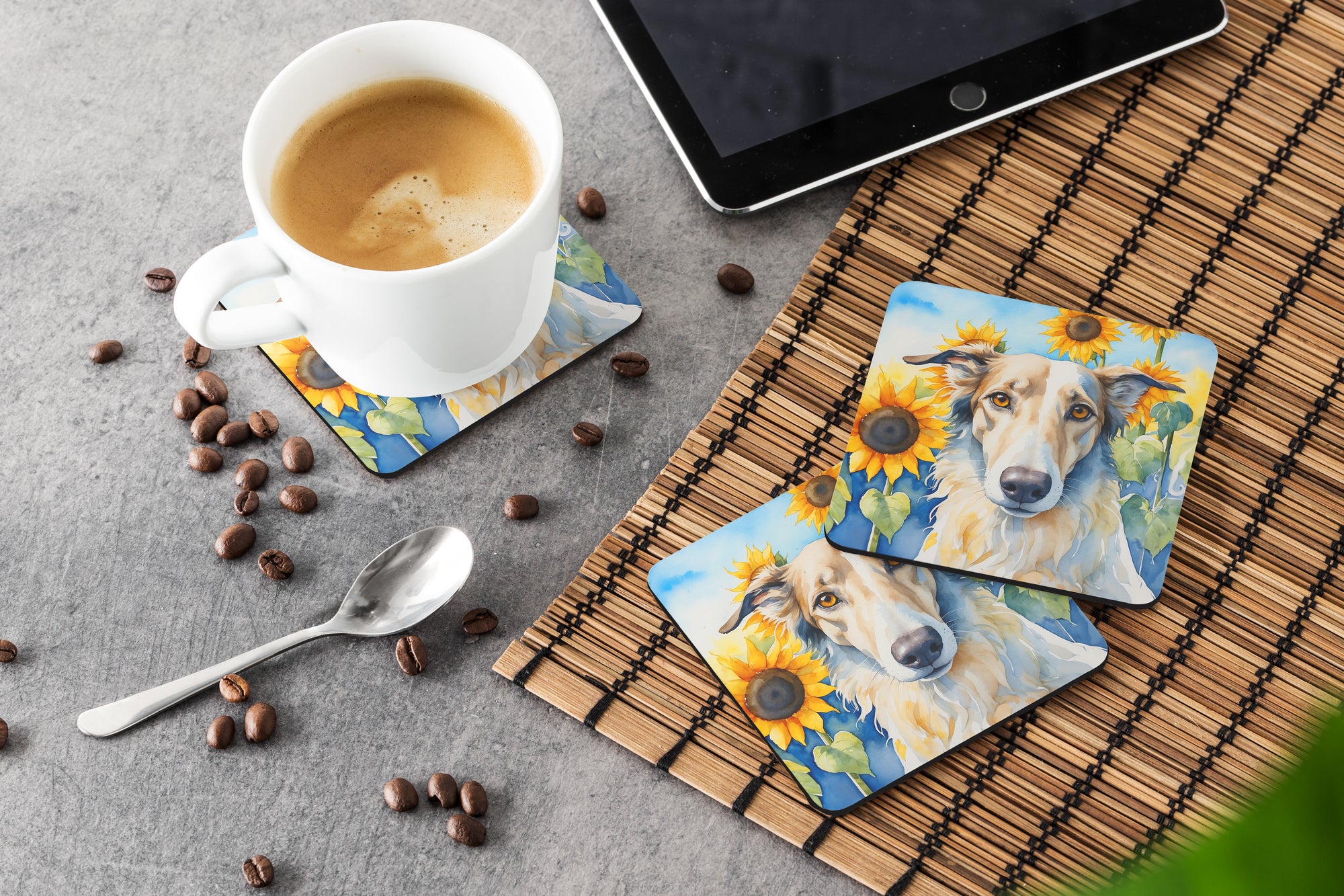 Borzoi in Sunflowers Foam Coasters