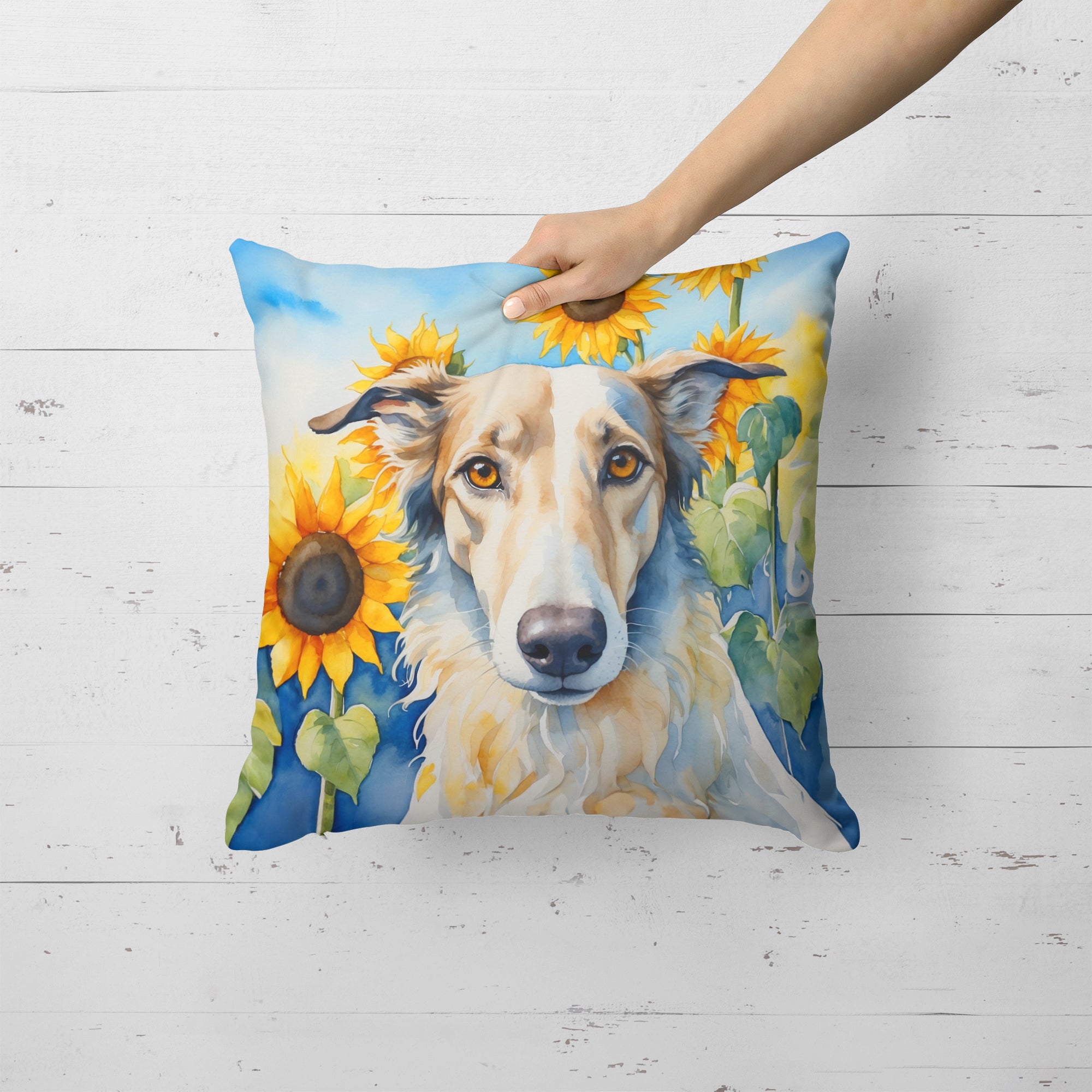 Buy this Borzoi in Sunflowers Throw Pillow