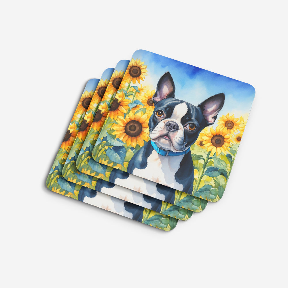 Boston Terrier in Sunflowers Foam Coasters