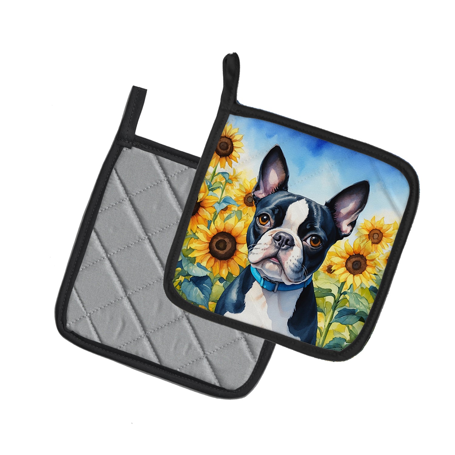 Buy this Boston Terrier in Sunflowers Pair of Pot Holders