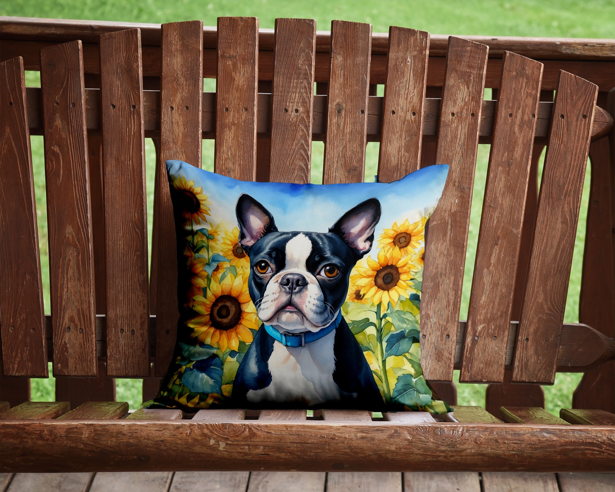 Boston Terrier in Sunflowers Throw Pillow