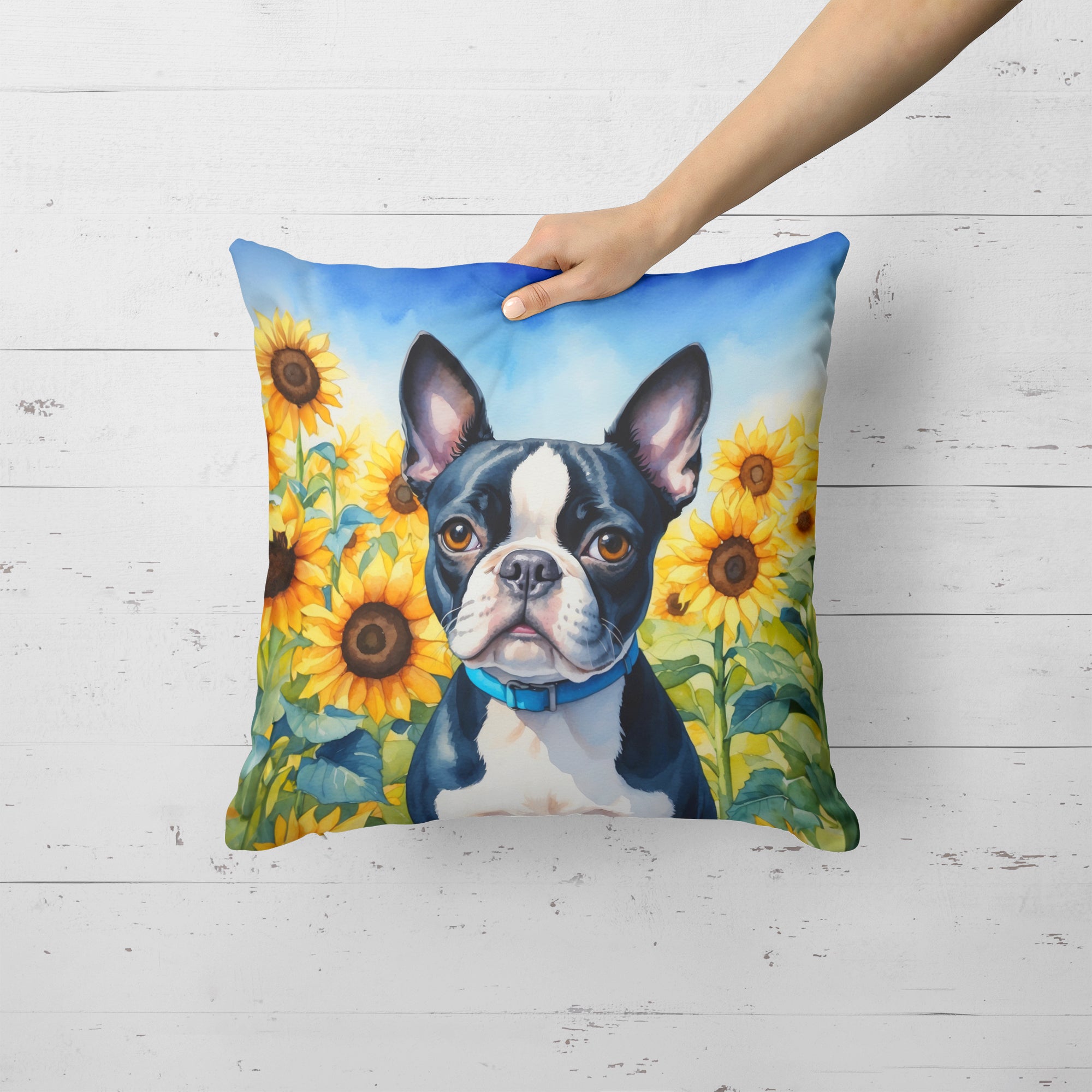 Boston Terrier in Sunflowers Throw Pillow