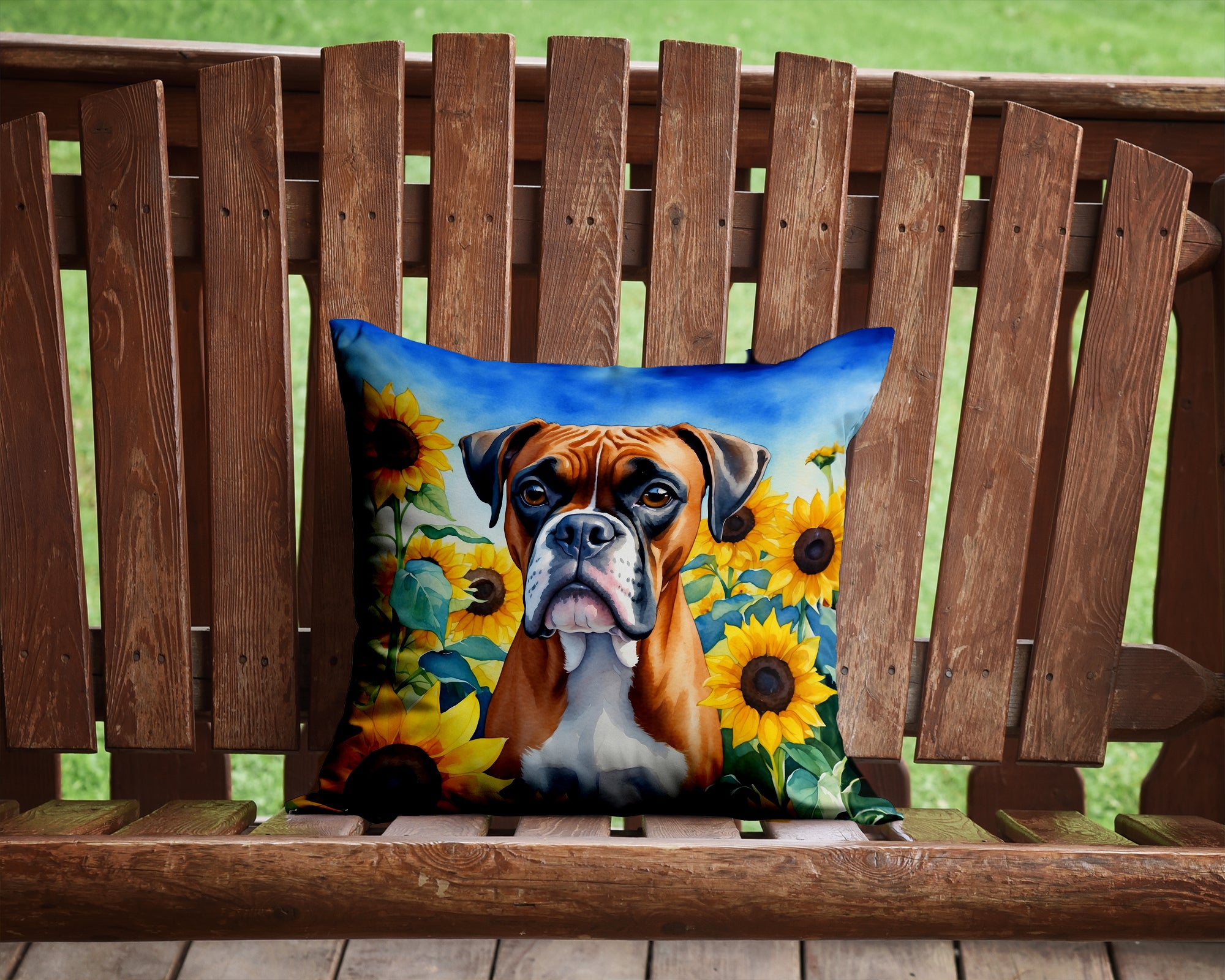 Boxer in Sunflowers Throw Pillow