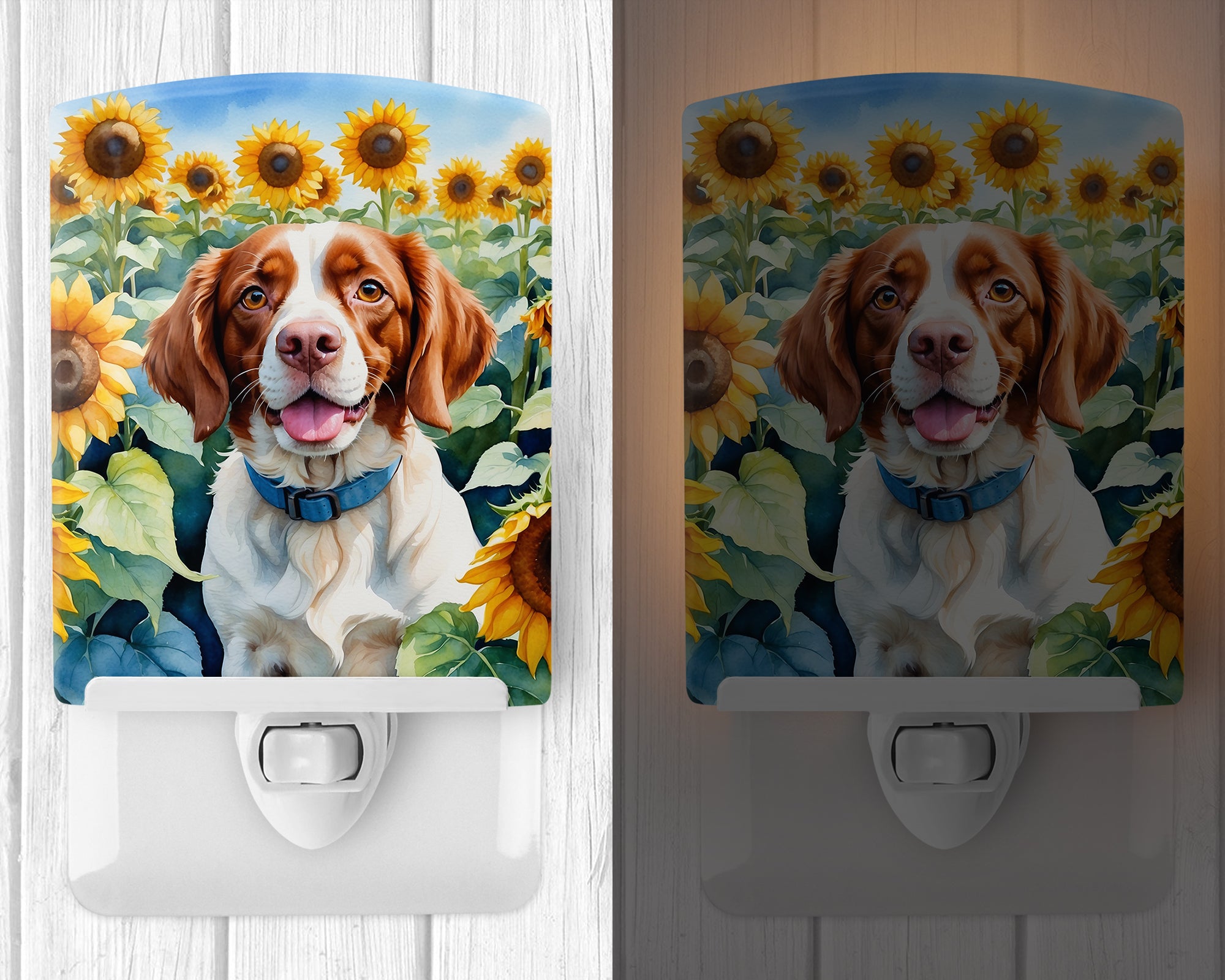 Brittany Spaniel in Sunflowers Ceramic Night Light