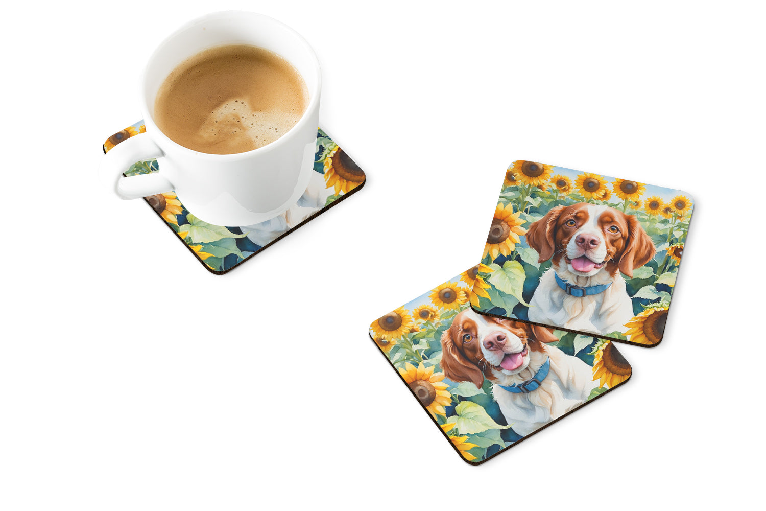 Brittany Spaniel in Sunflowers Foam Coasters