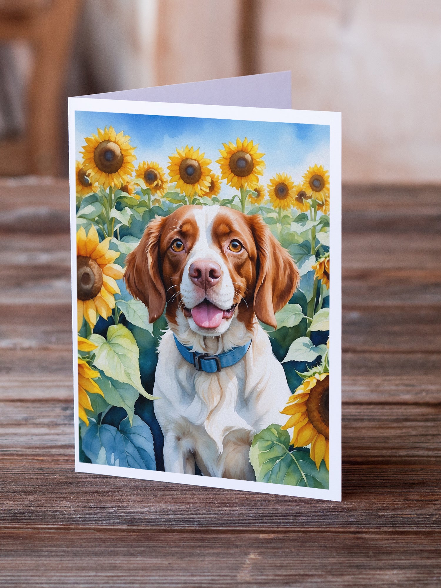 Buy this Brittany Spaniel in Sunflowers Greeting Cards Pack of 8