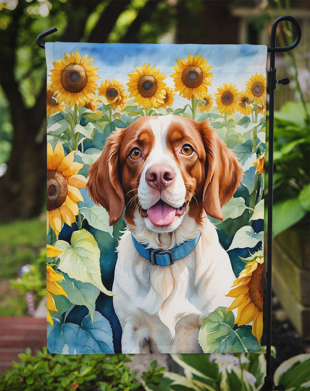 Brittany Spaniel in Sunflowers Garden Flag