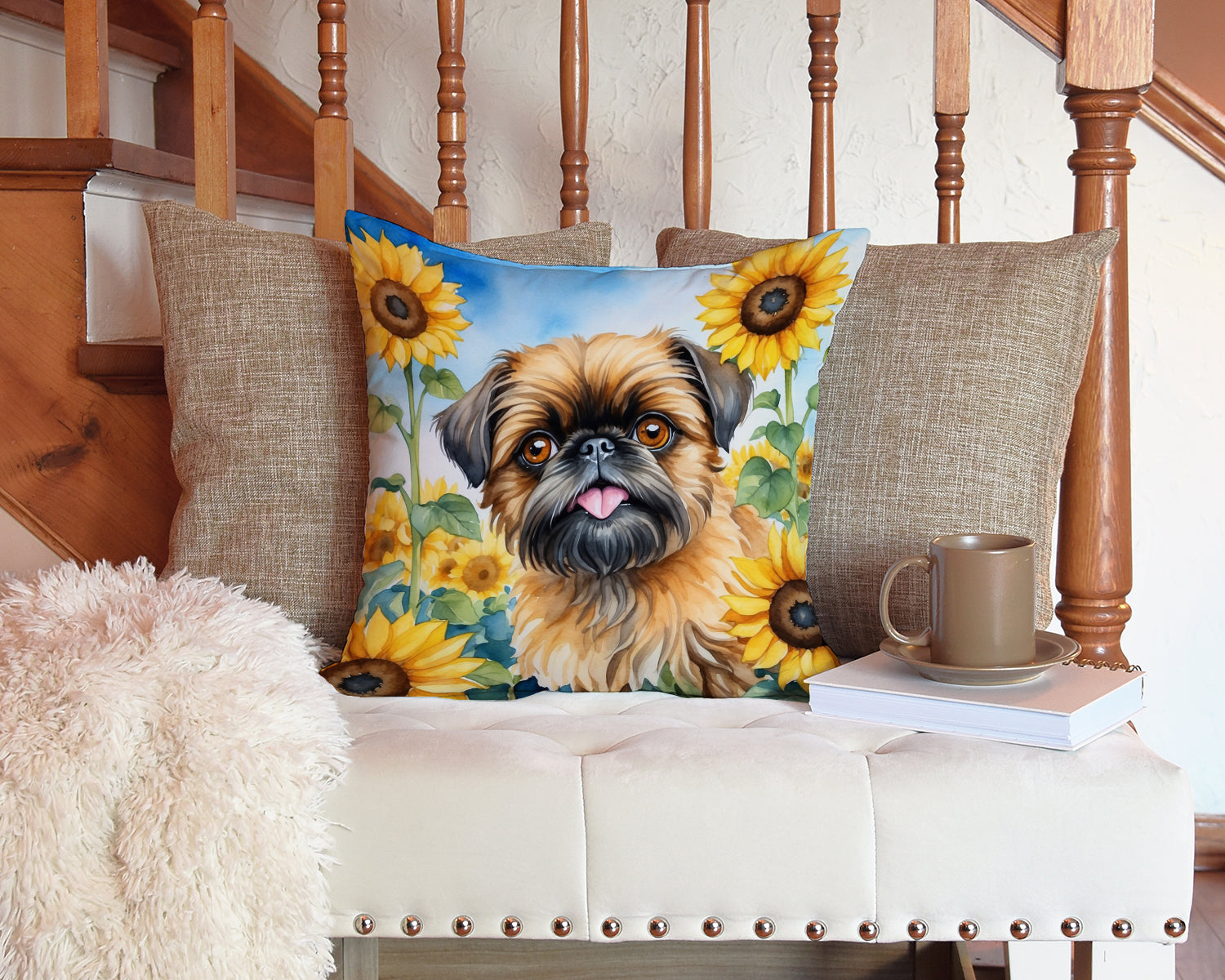 Brussels Griffon in Sunflowers Throw Pillow