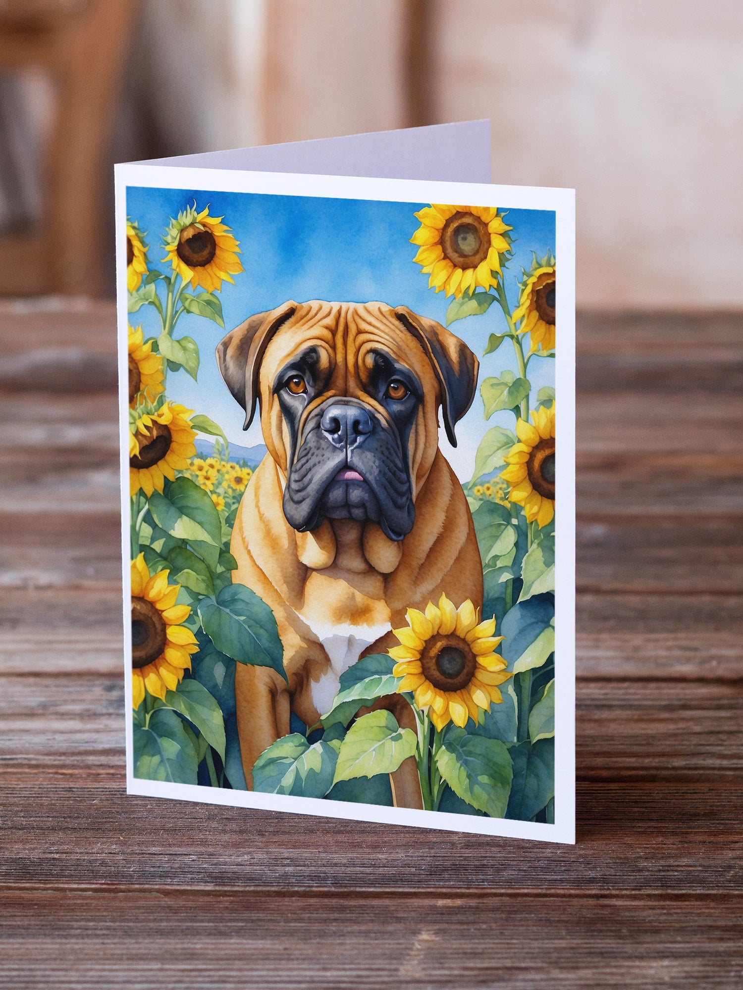 Buy this Bullmastiff in Sunflowers Greeting Cards Pack of 8