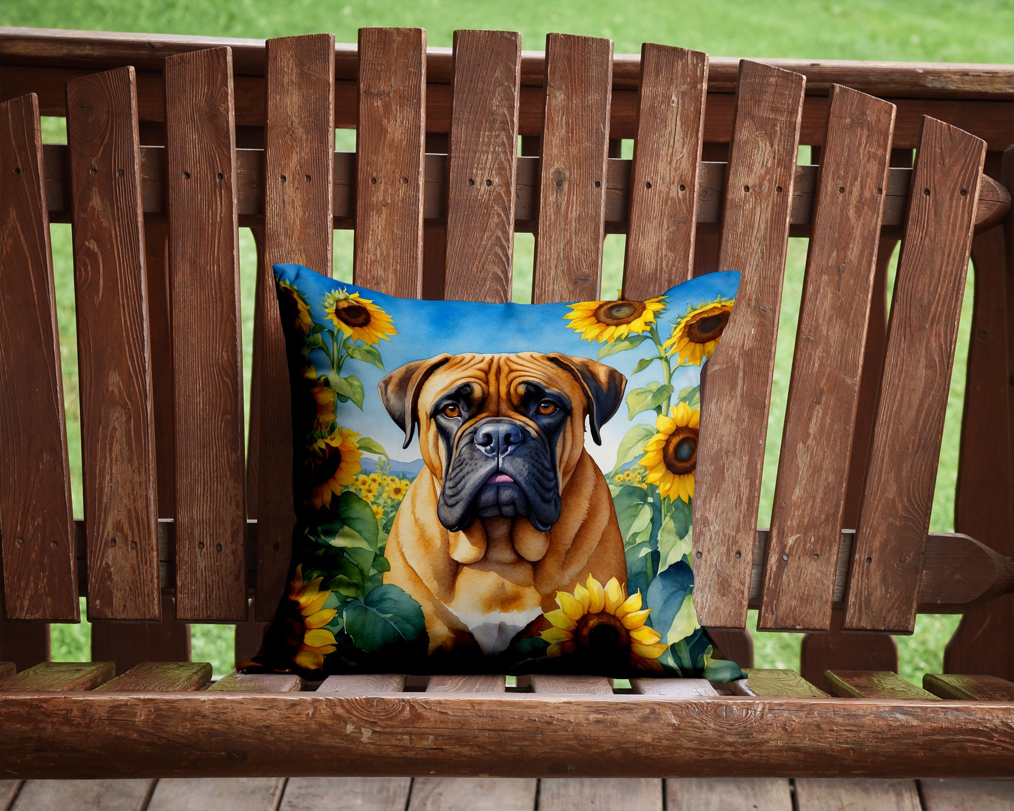 Buy this Bullmastiff in Sunflowers Throw Pillow