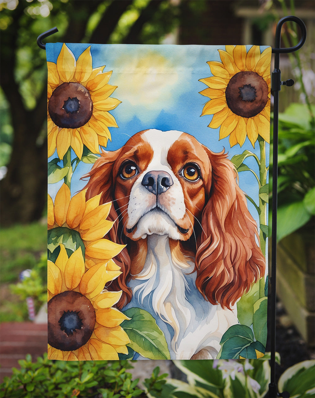 Cavalier Spaniel in Sunflowers Garden Flag