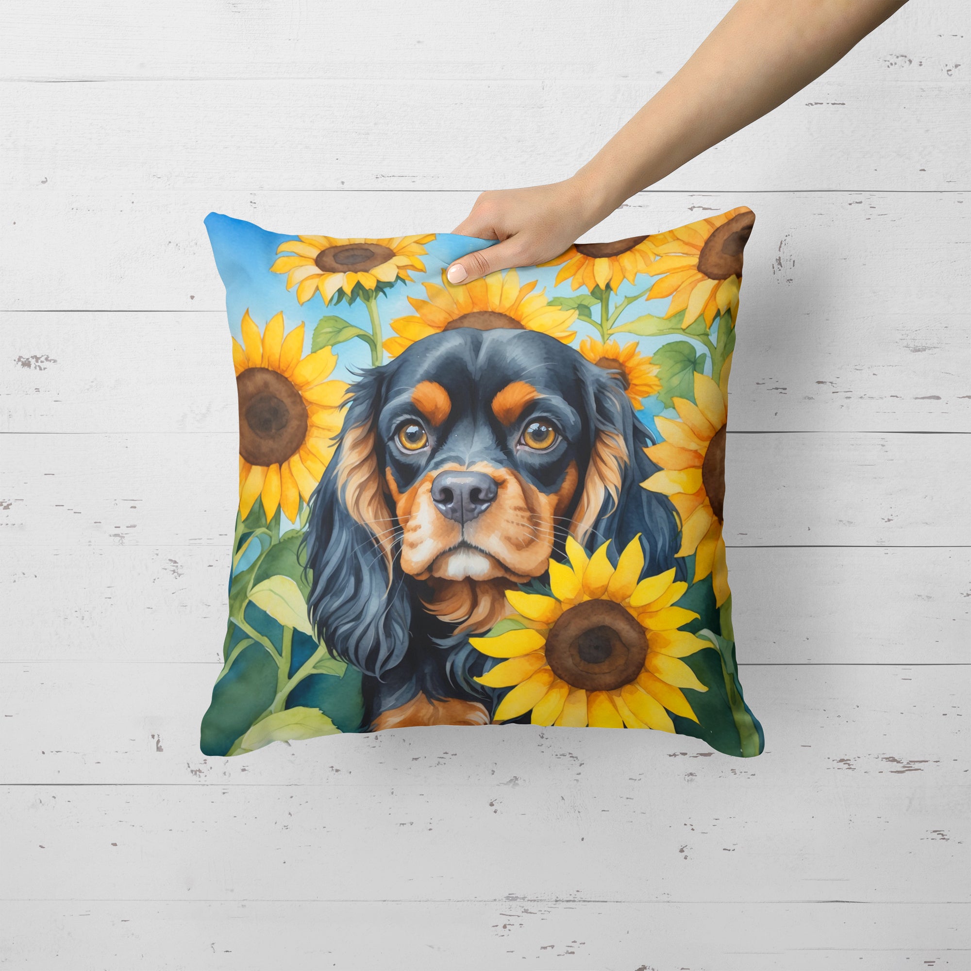 Buy this Cavalier Spaniel in Sunflowers Throw Pillow