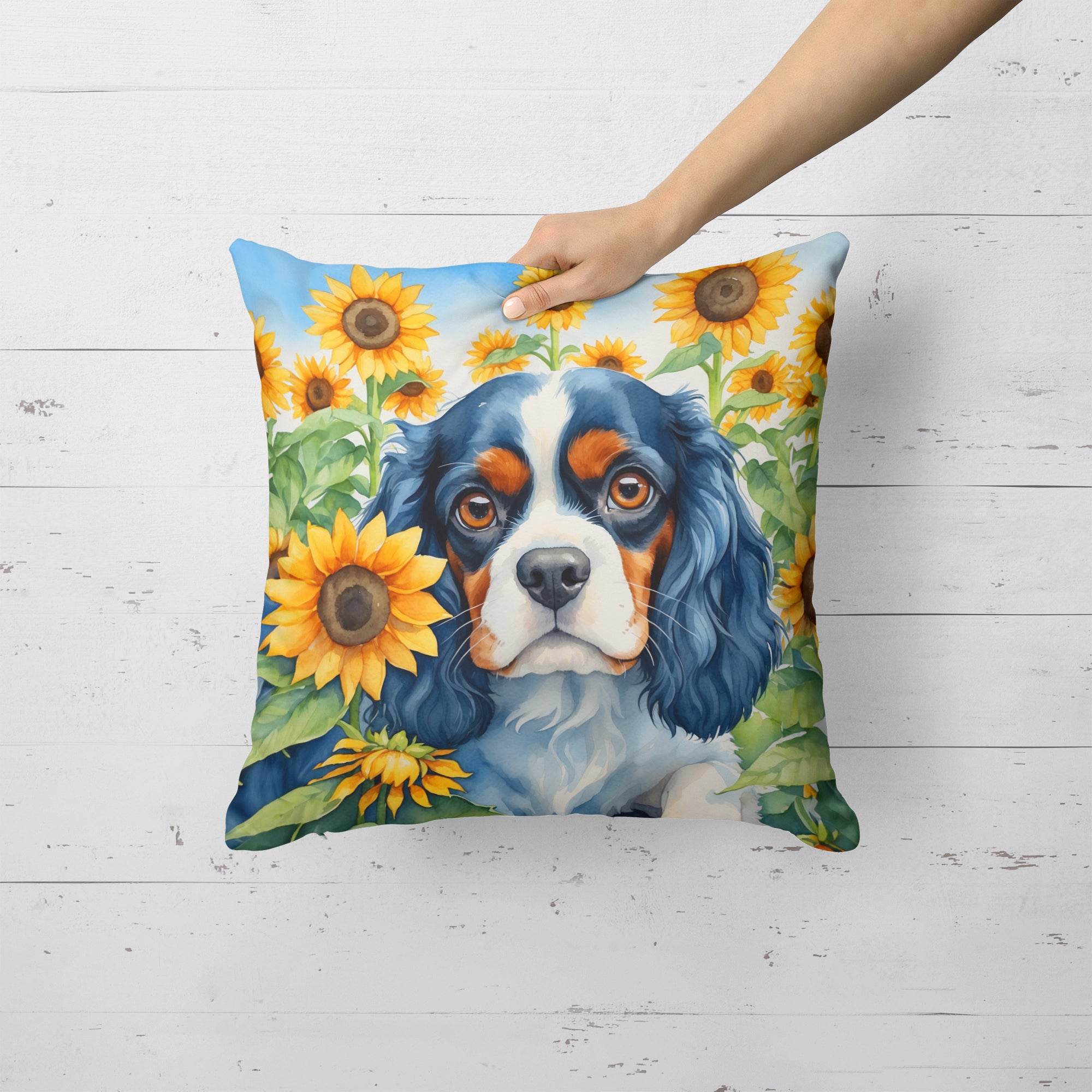 Cavalier Spaniel in Sunflowers Throw Pillow