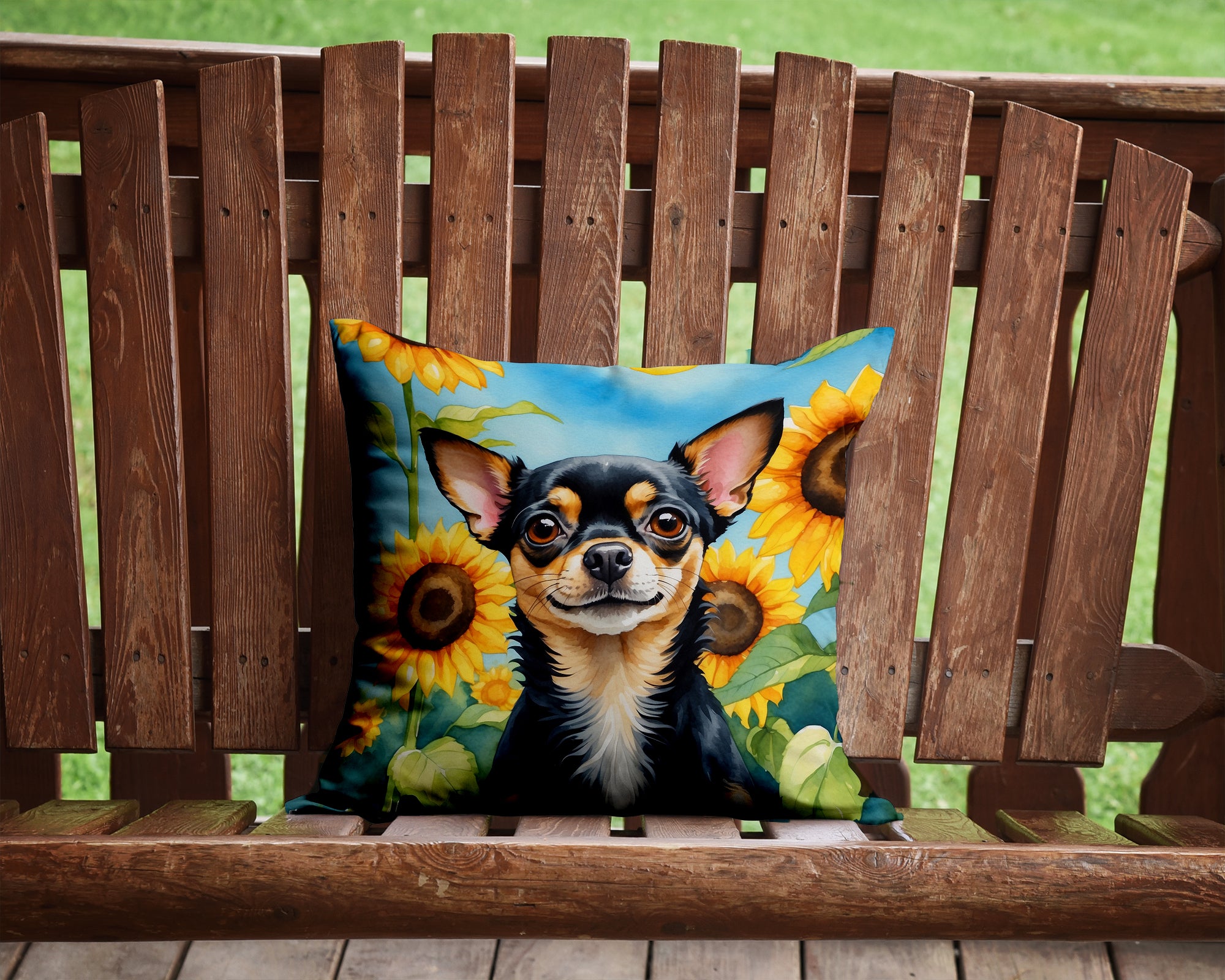 Chihuahua in Sunflowers Throw Pillow