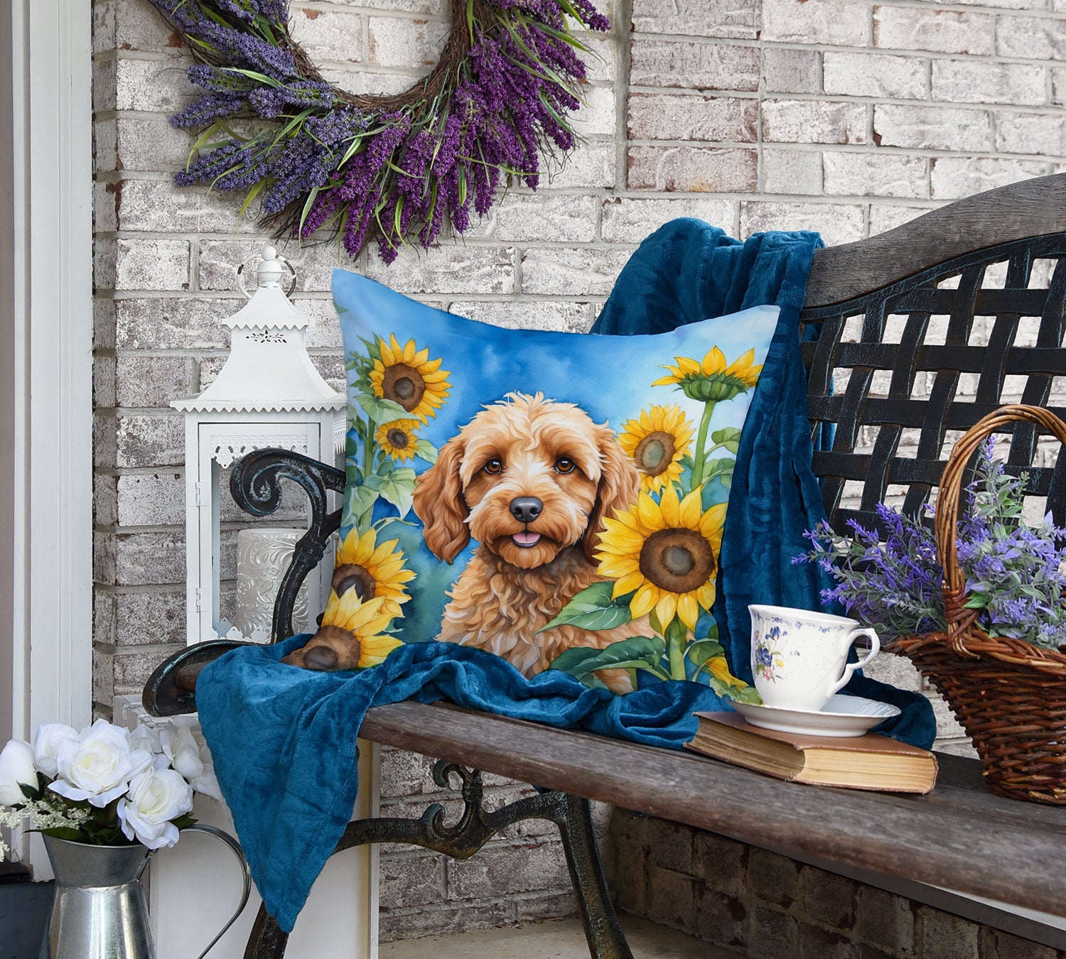 Cockapoo in Sunflowers Throw Pillow