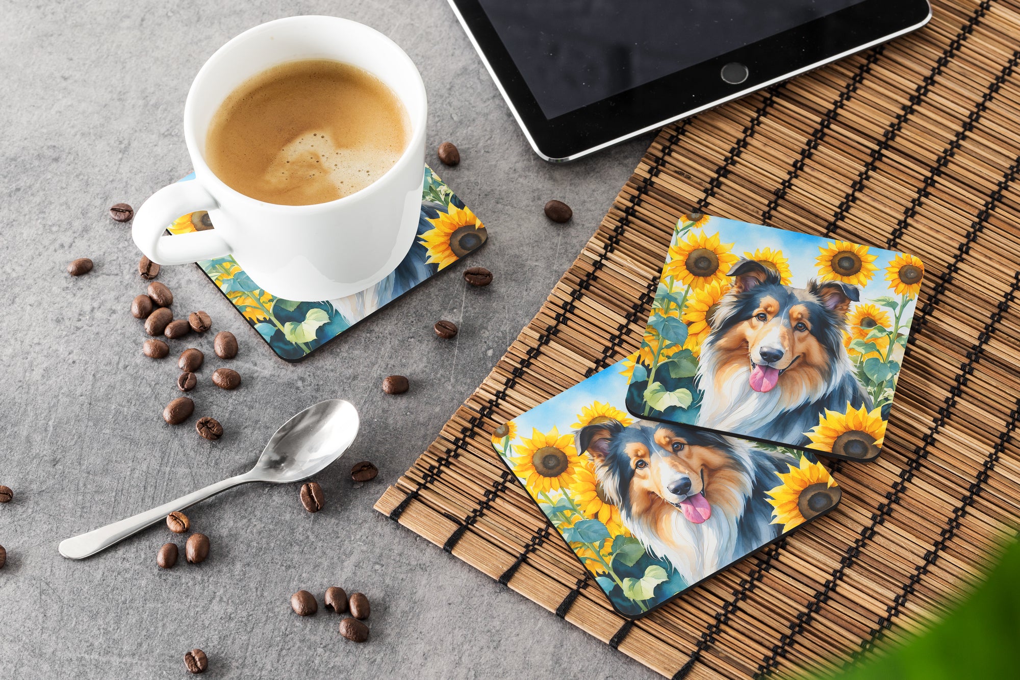 Collie in Sunflowers Foam Coasters