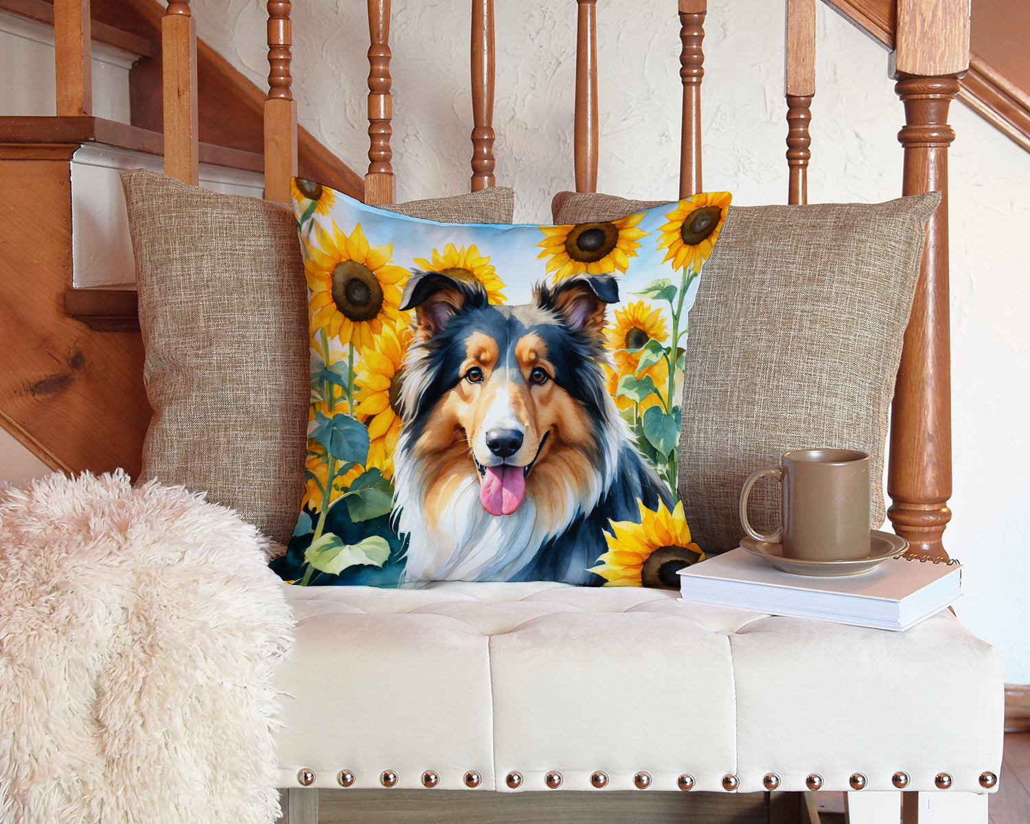 Collie in Sunflowers Throw Pillow