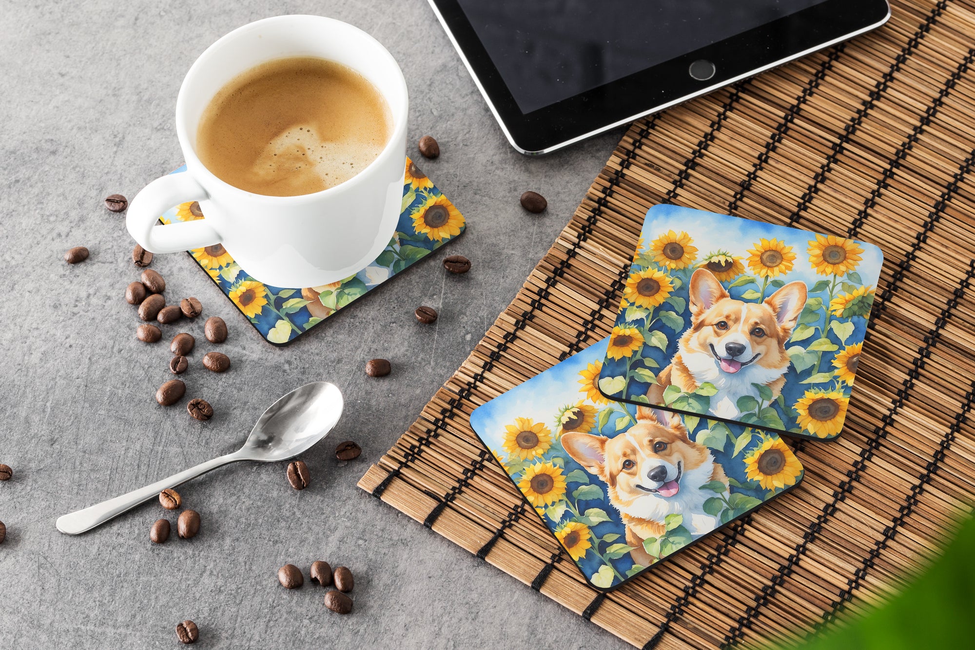 Corgi in Sunflowers Foam Coasters