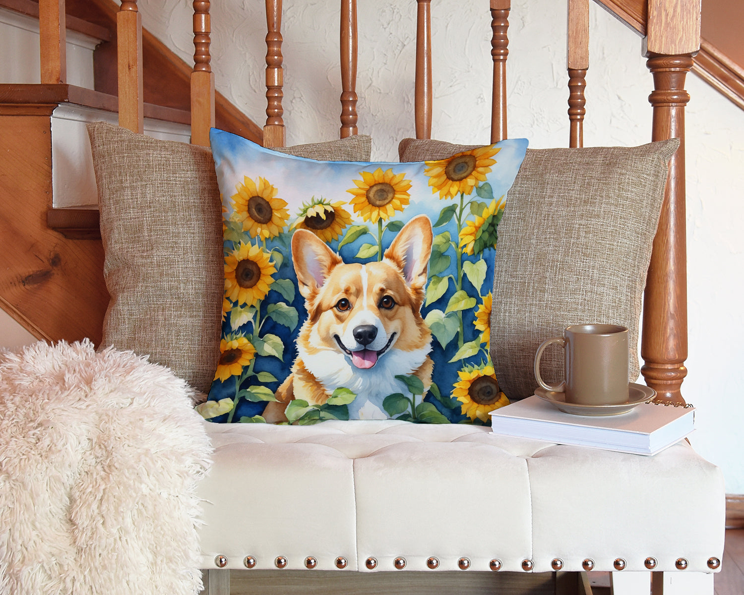 Corgi in Sunflowers Throw Pillow