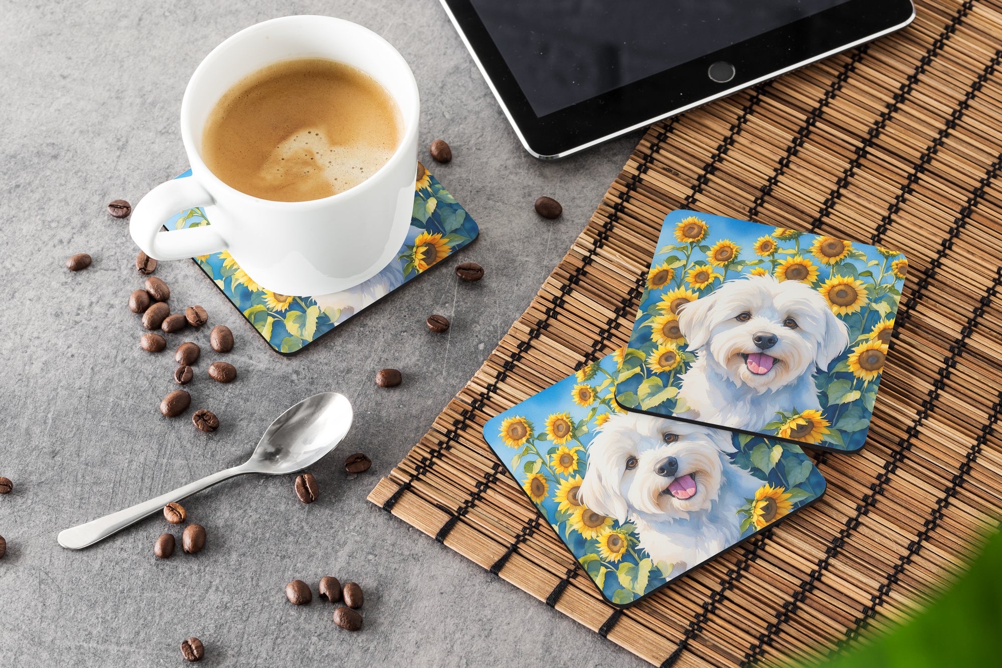 Coton de Tulear in Sunflowers Foam Coasters