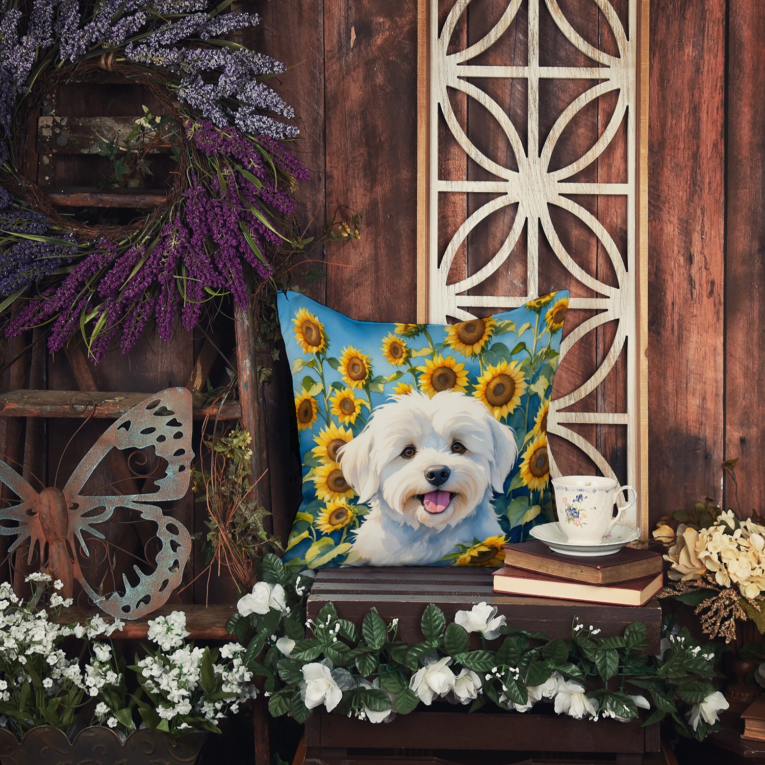 Coton de Tulear in Sunflowers Throw Pillow