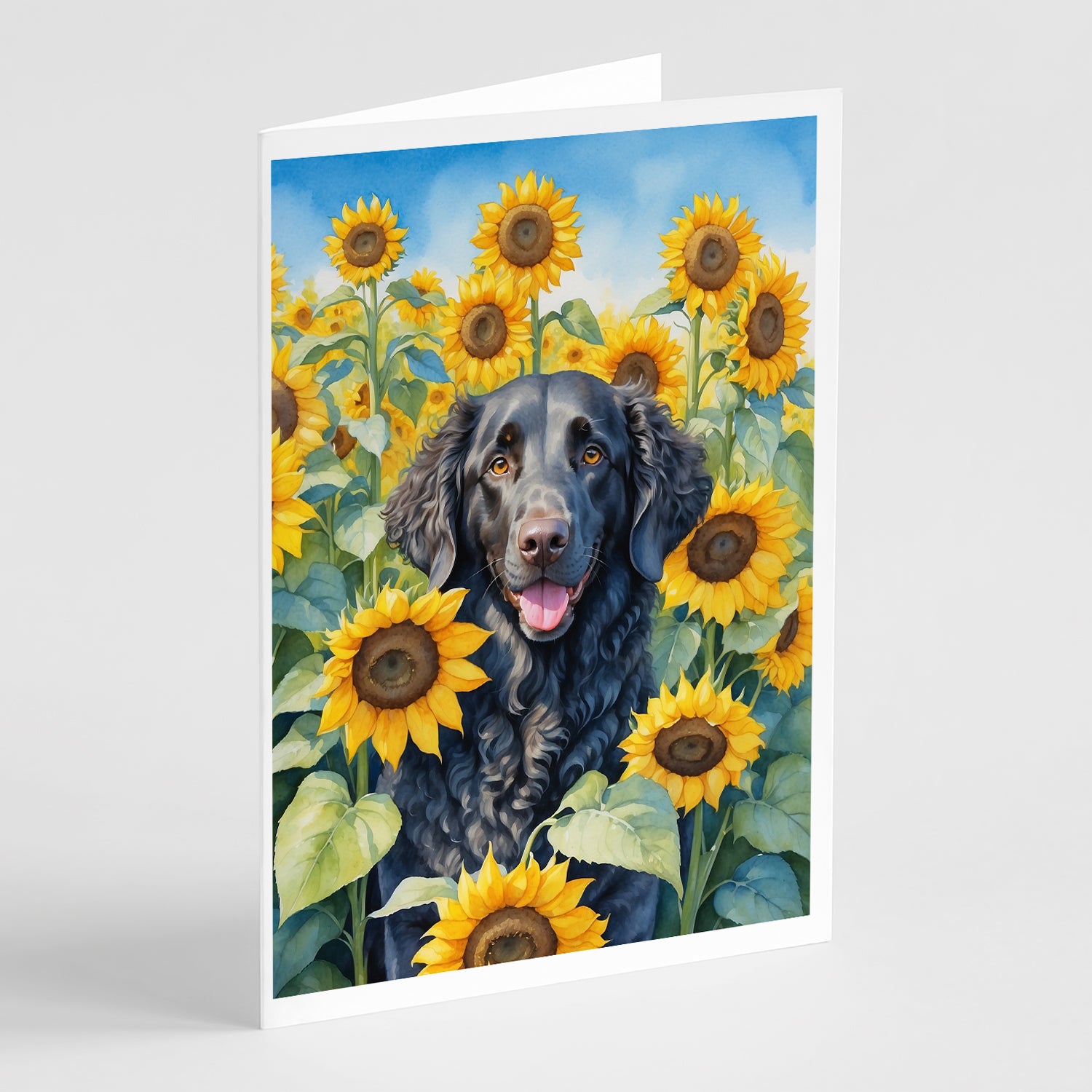 Buy this Curly-Coated Retriever in Sunflowers Greeting Cards Pack of 8