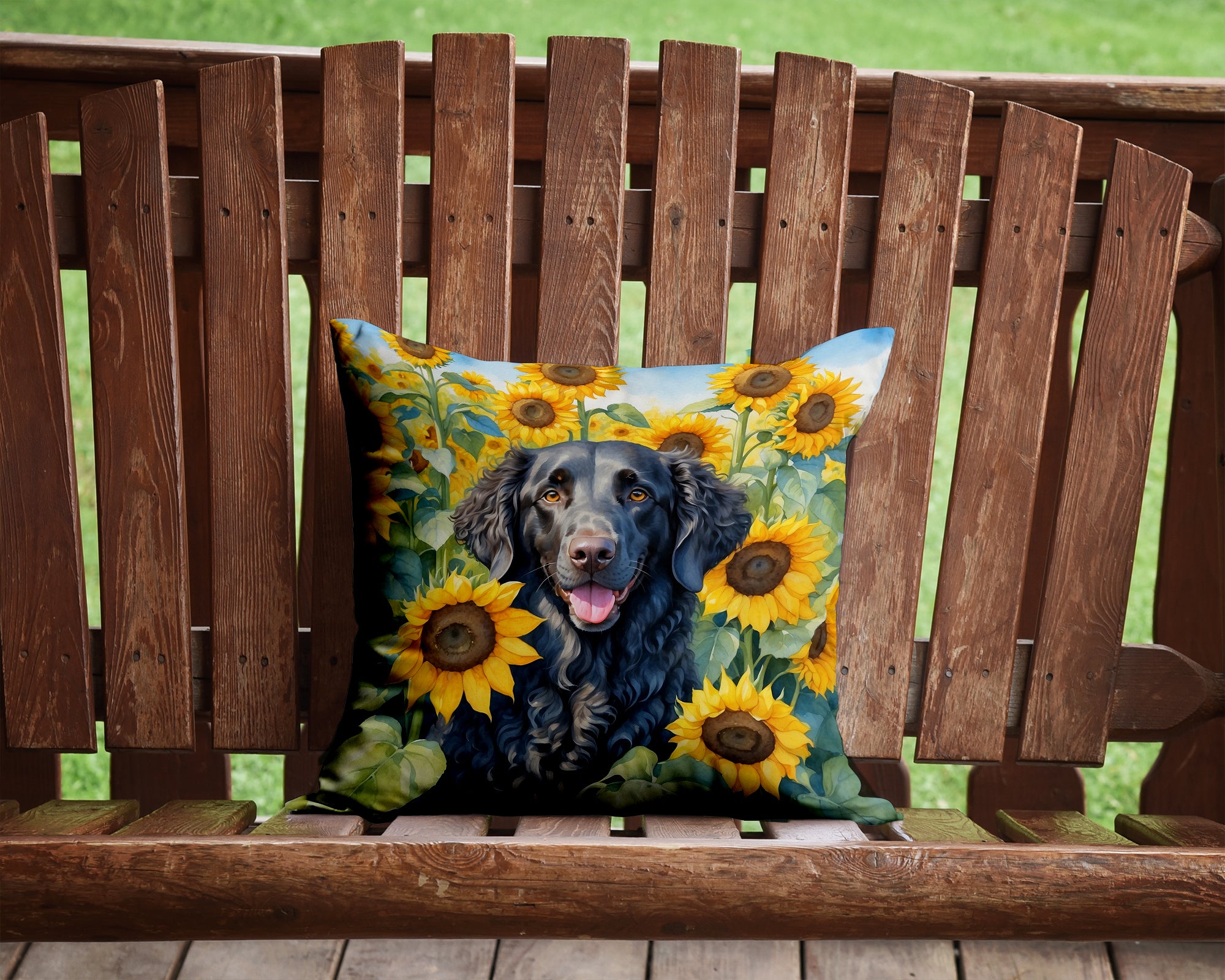 Curly-Coated Retriever in Sunflowers Throw Pillow