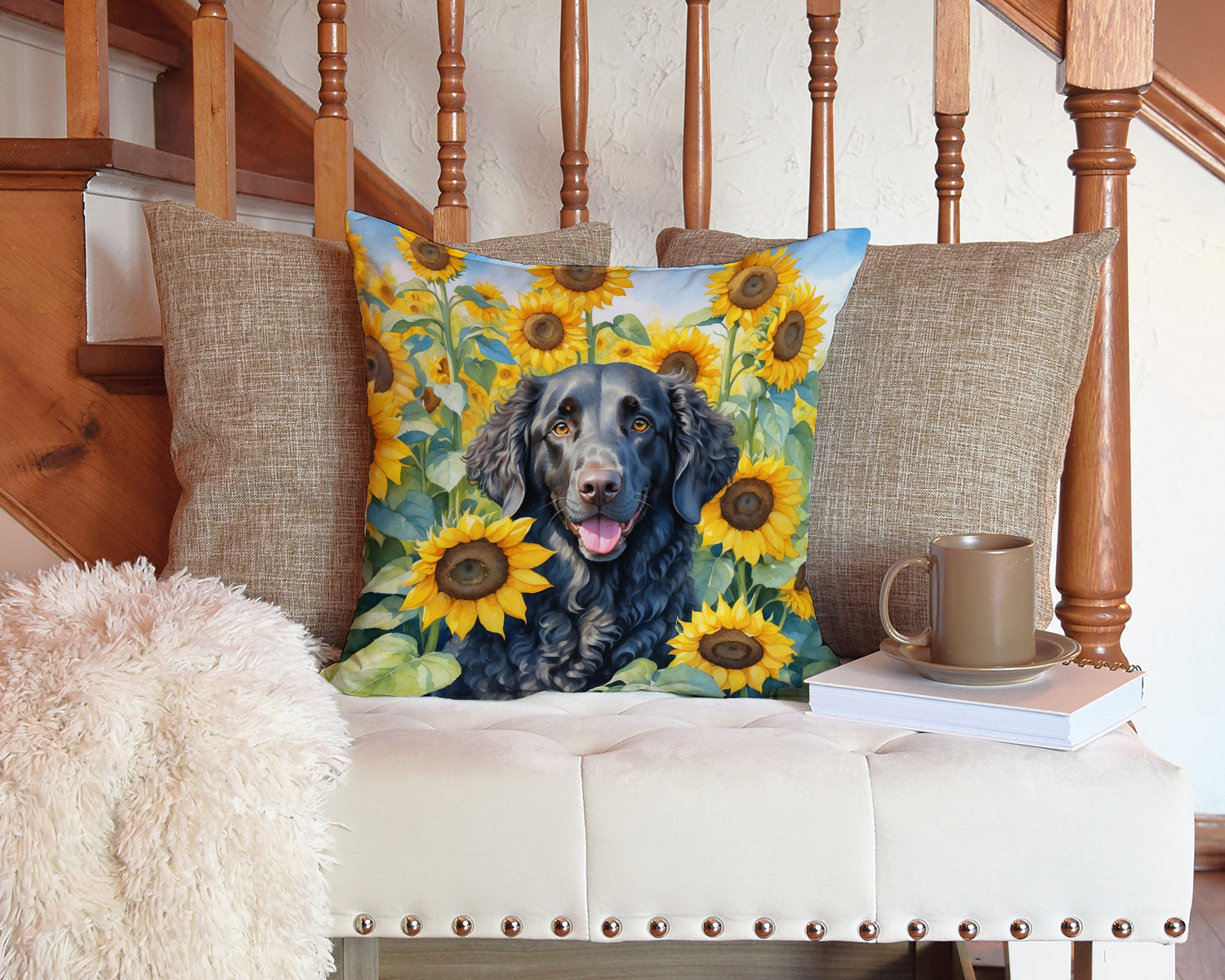 Curly-Coated Retriever in Sunflowers Throw Pillow