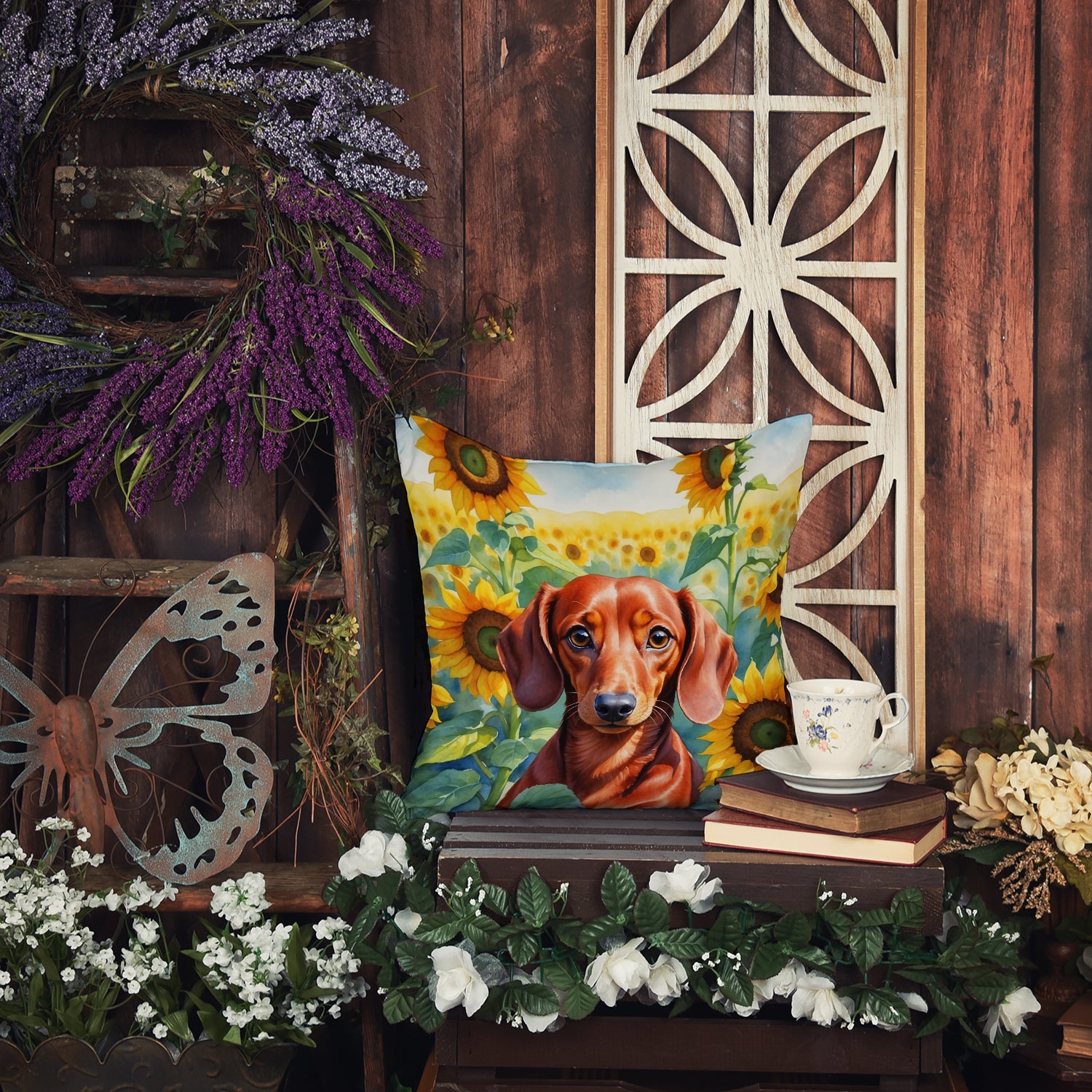 Dachshund in Sunflowers Throw Pillow