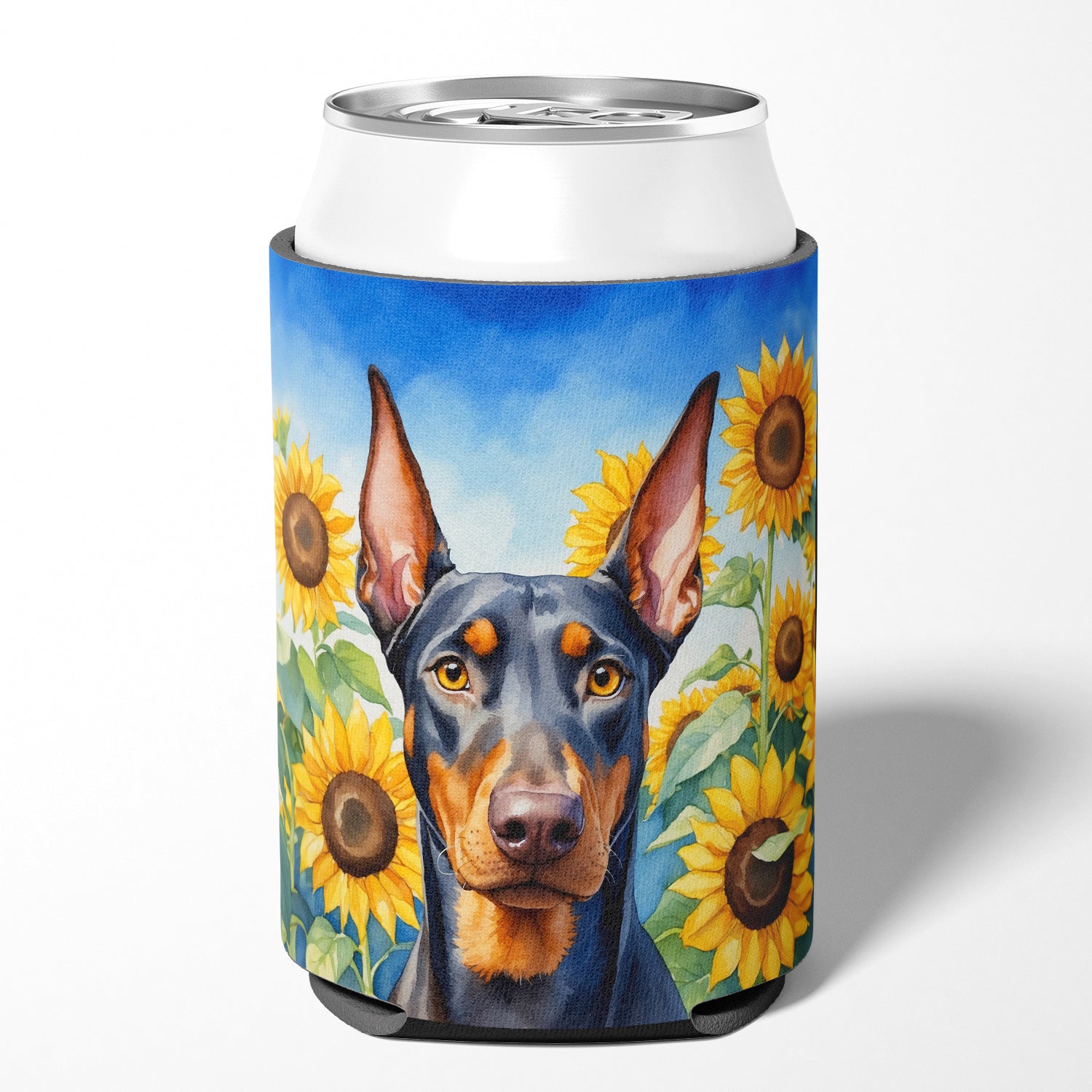 Buy this Doberman Pinscher in Sunflowers Can or Bottle Hugger