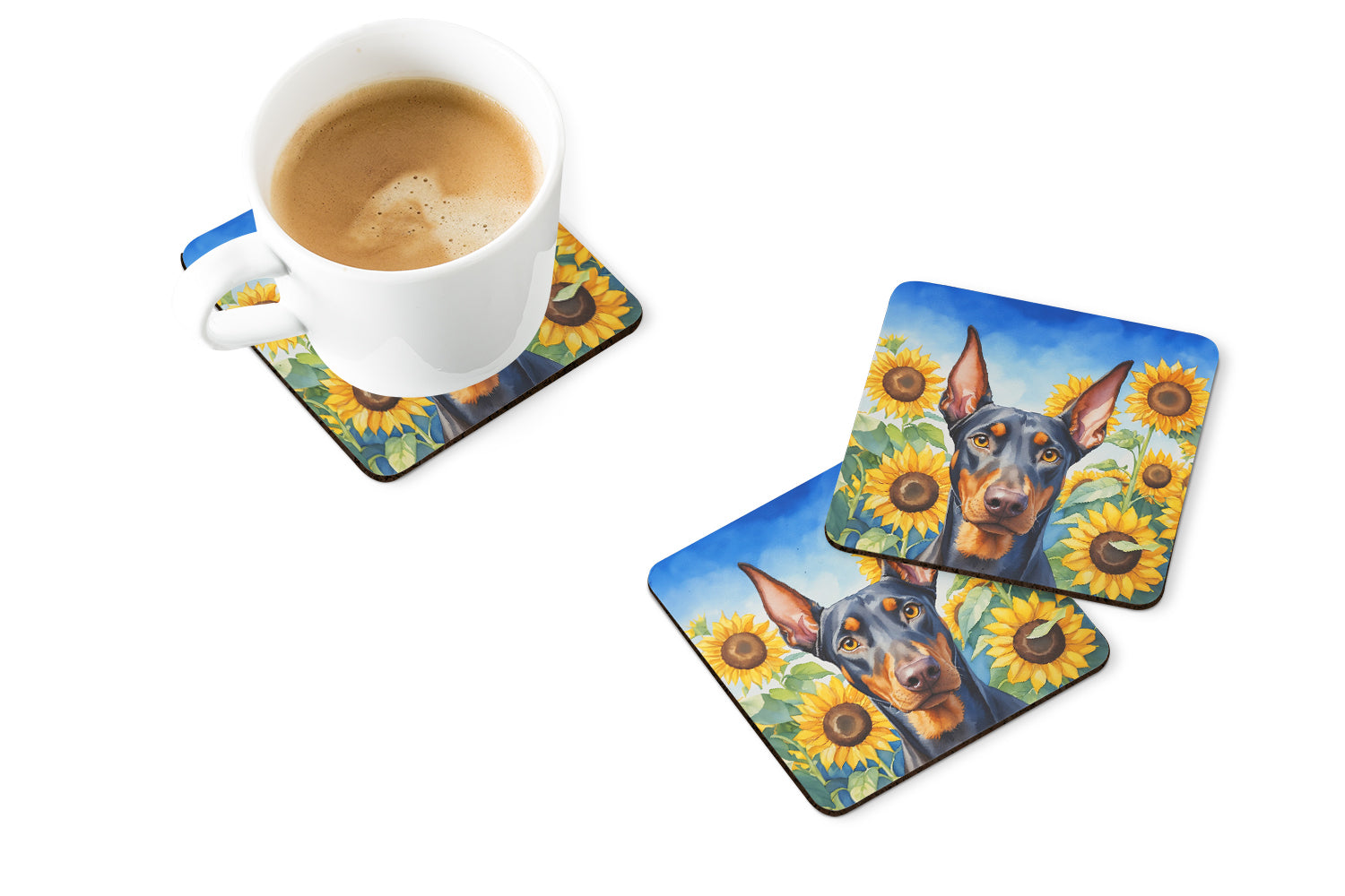 Doberman Pinscher in Sunflowers Foam Coasters