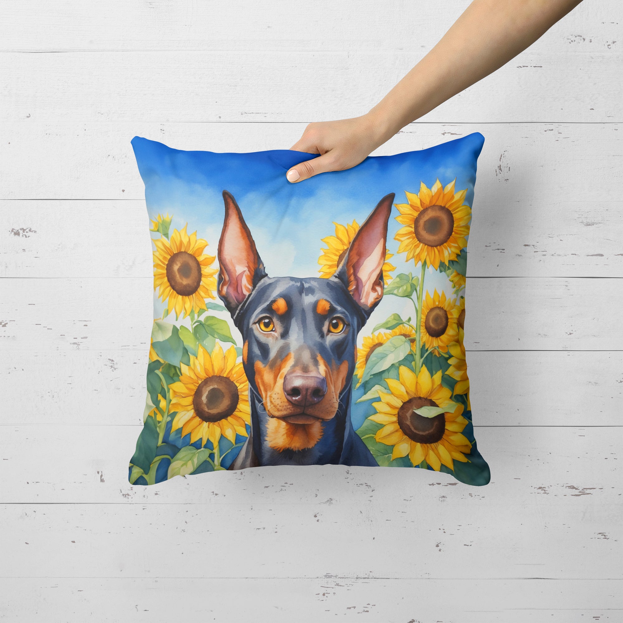 Buy this Doberman Pinscher in Sunflowers Throw Pillow