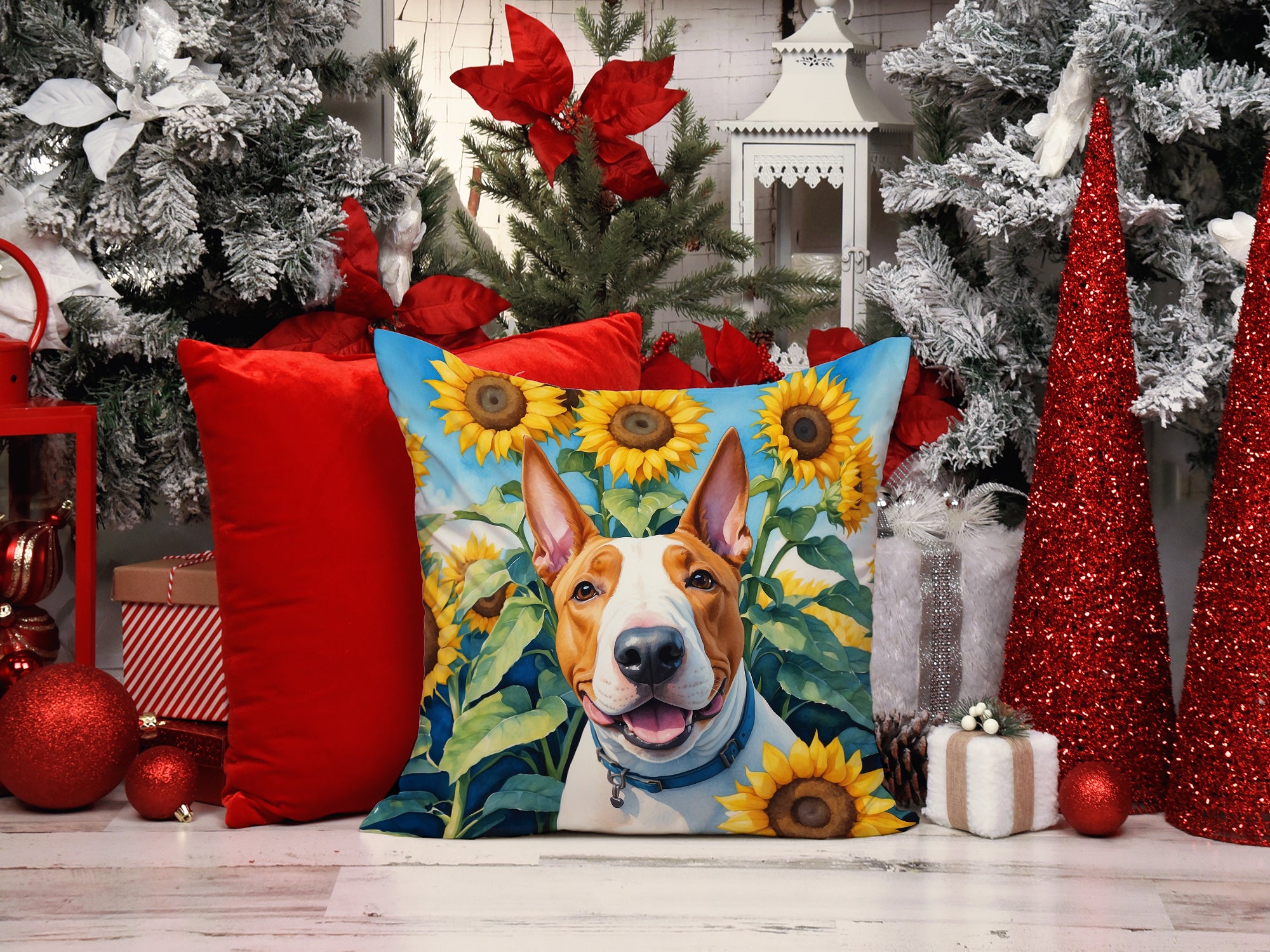 English Bull Terrier in Sunflowers Throw Pillow