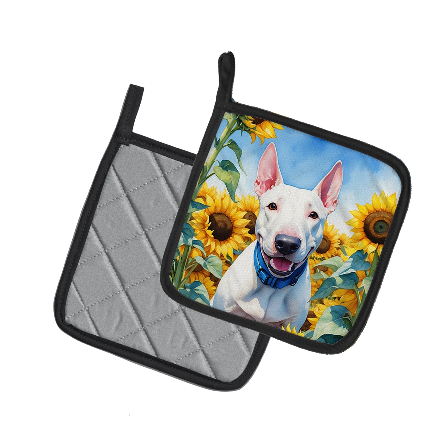 English Bull Terrier in Sunflowers Pair of Pot Holders