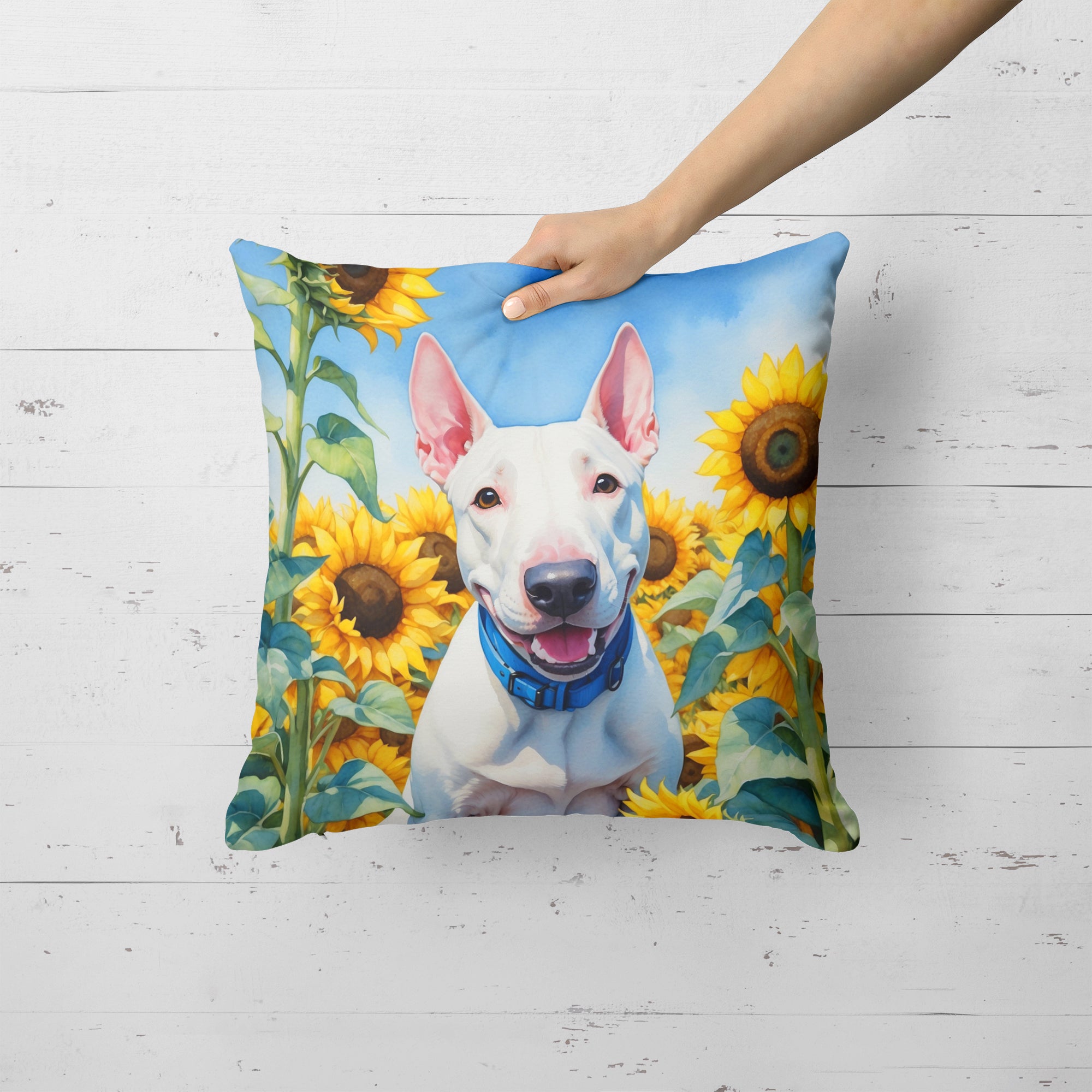 Buy this English Bull Terrier in Sunflowers Throw Pillow