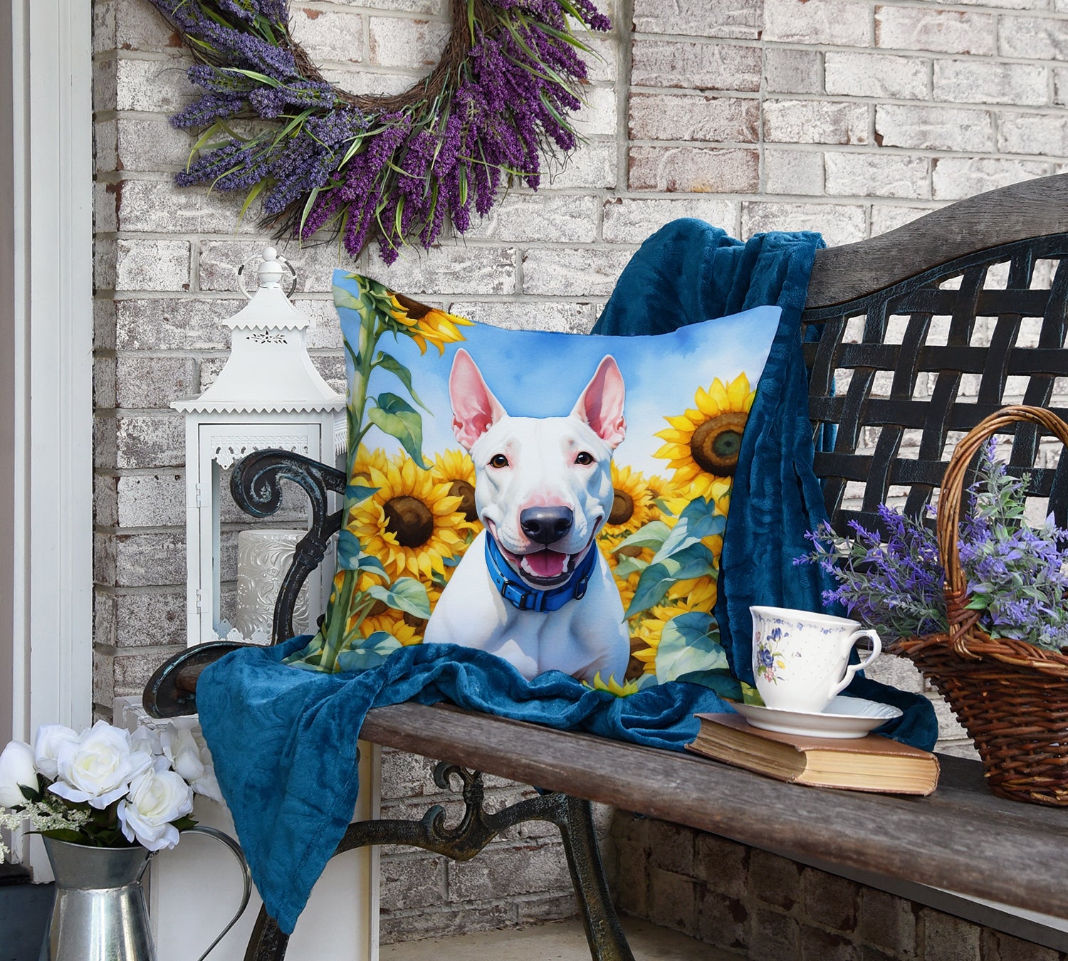 English Bull Terrier in Sunflowers Throw Pillow