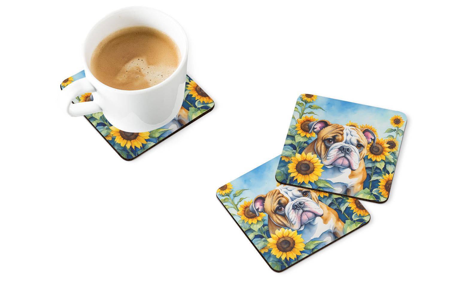 Buy this English Bulldog in Sunflowers Foam Coasters