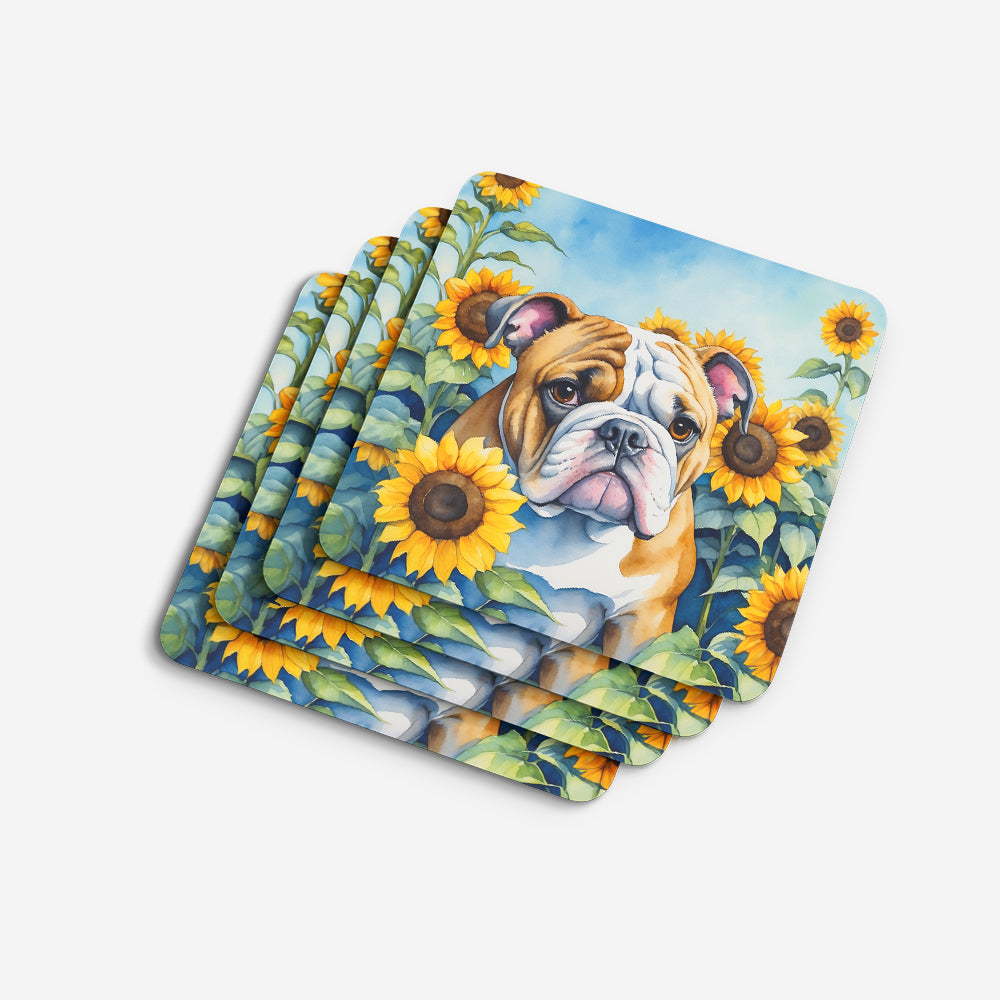 English Bulldog in Sunflowers Foam Coasters