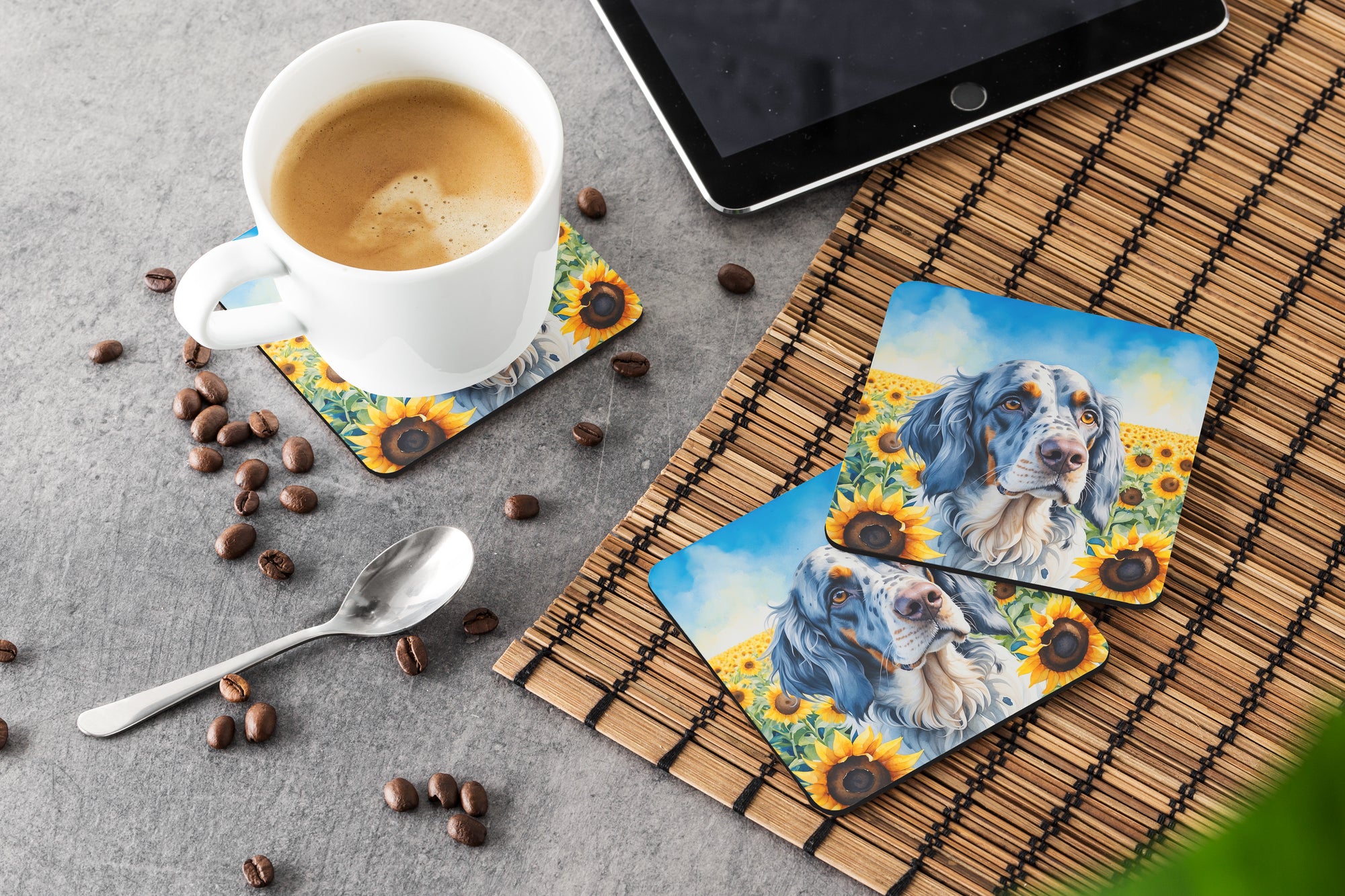 English Setter in Sunflowers Foam Coasters