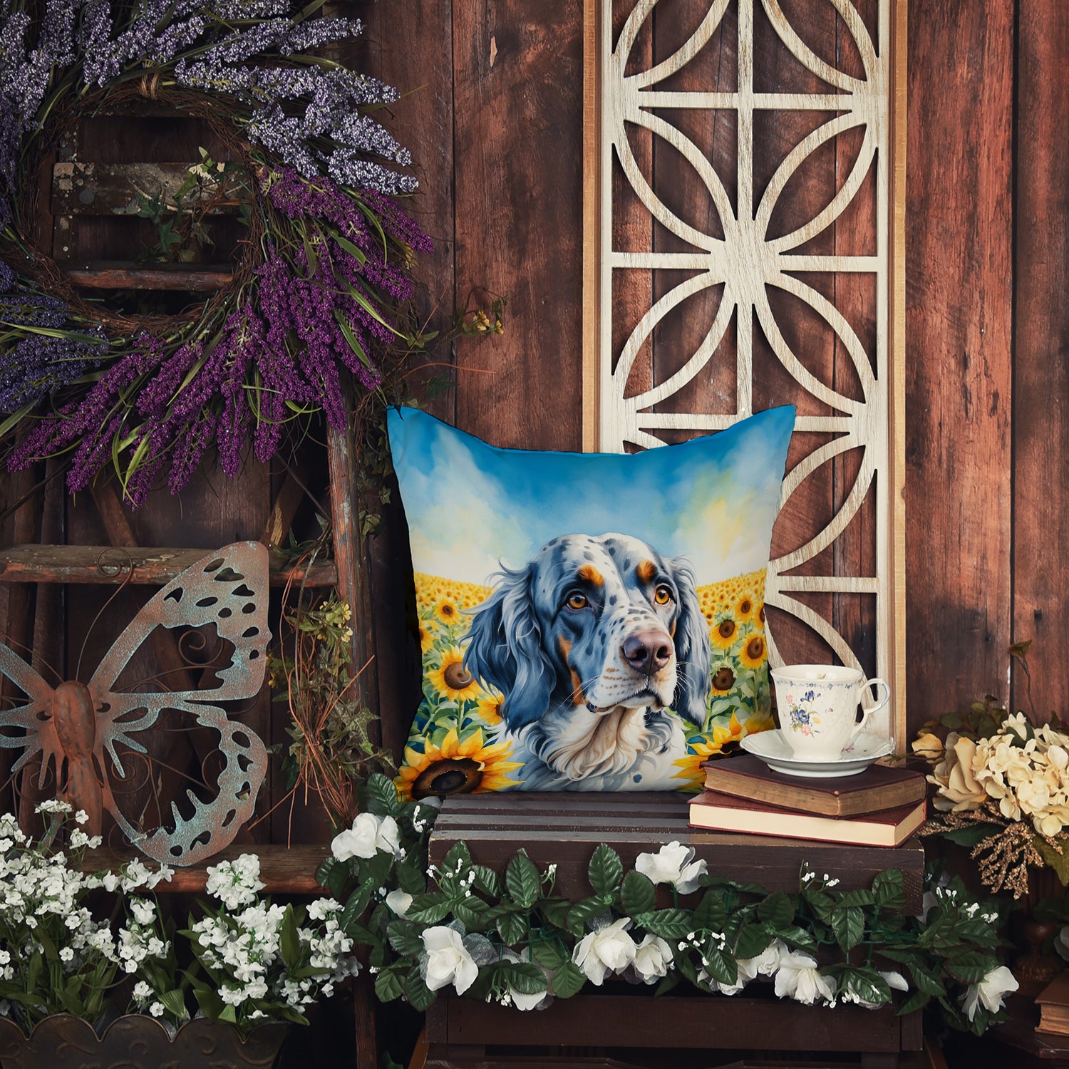 English Setter in Sunflowers Throw Pillow