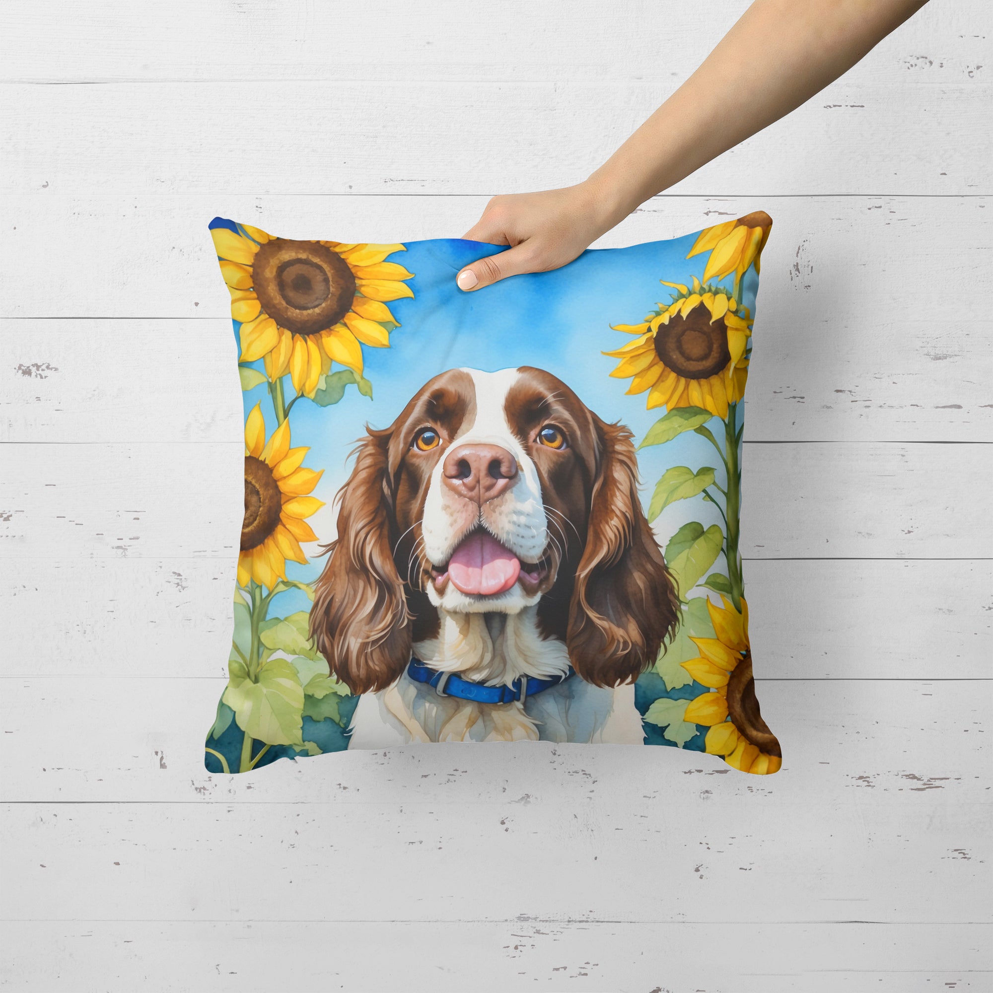 Buy this English Springer Spaniel in Sunflowers Throw Pillow