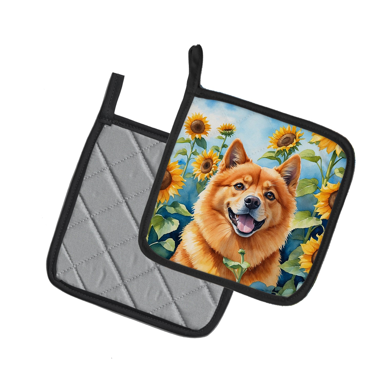 Finnish Spitz in Sunflowers Pair of Pot Holders