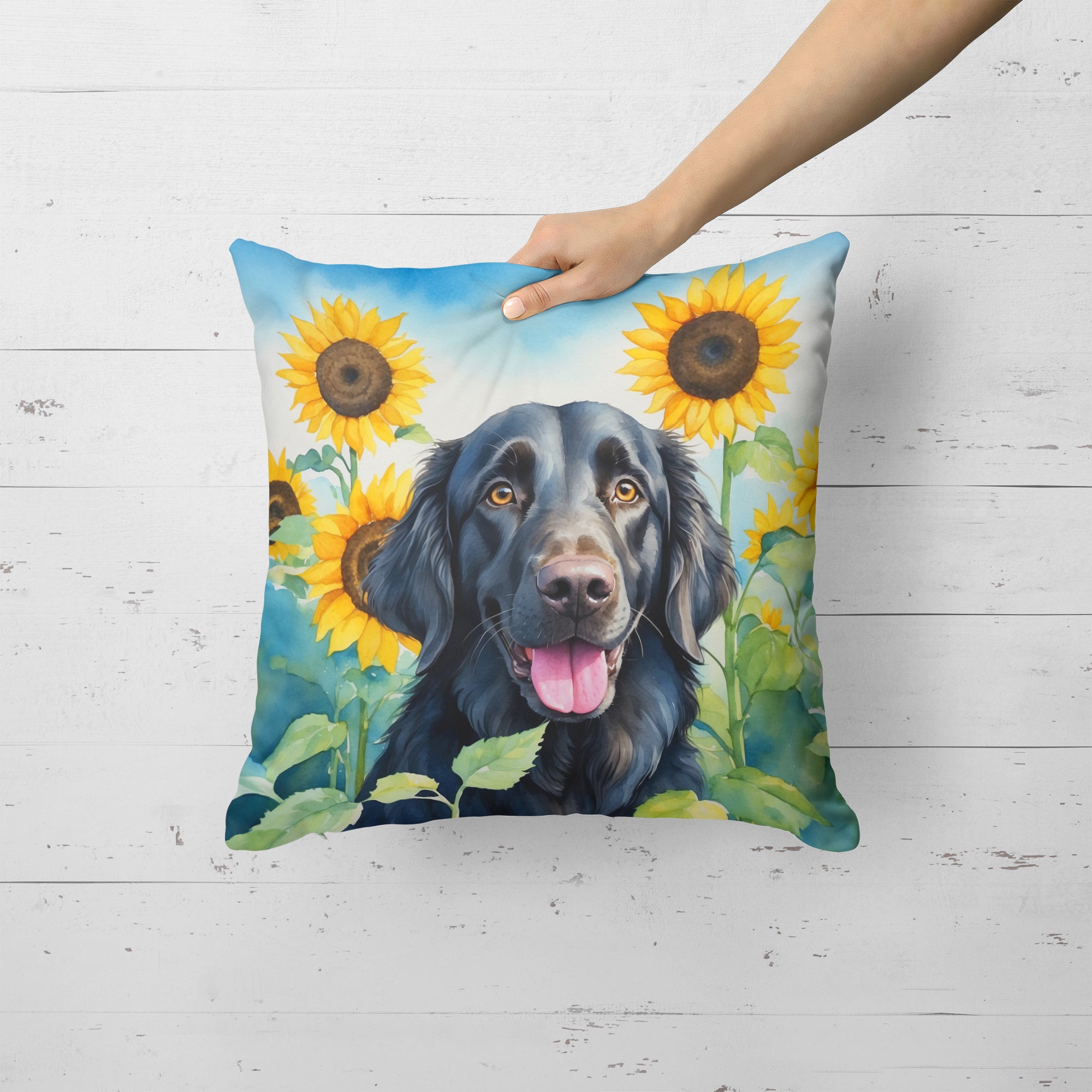 Buy this Flat-Coated Retriever in Sunflowers Throw Pillow