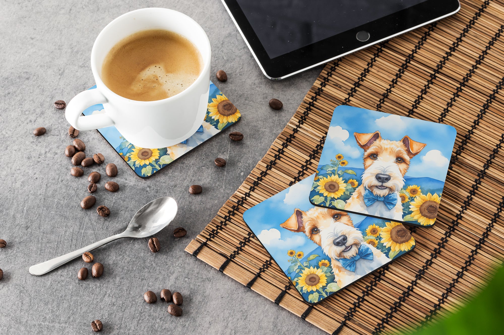 Fox Terrier in Sunflowers Foam Coasters