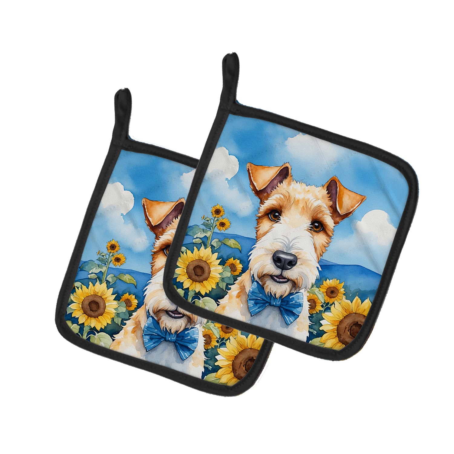 Buy this Fox Terrier in Sunflowers Pair of Pot Holders