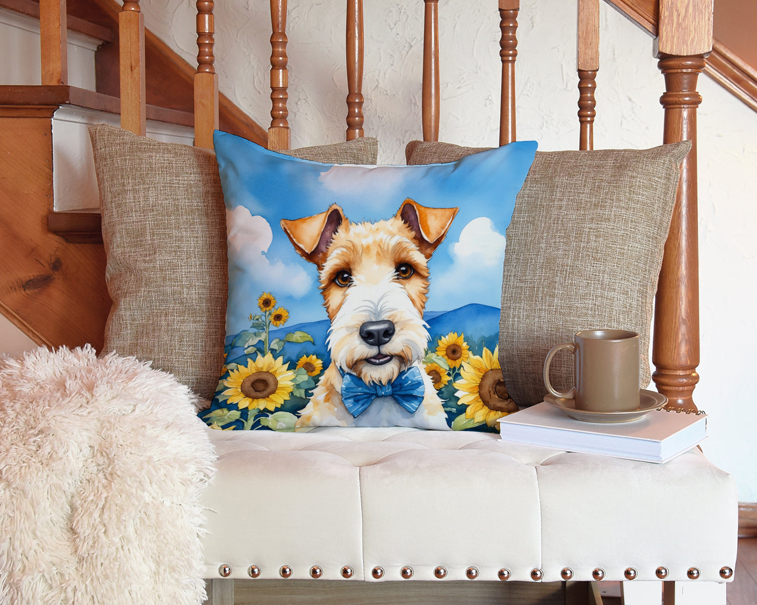 Fox Terrier in Sunflowers Throw Pillow