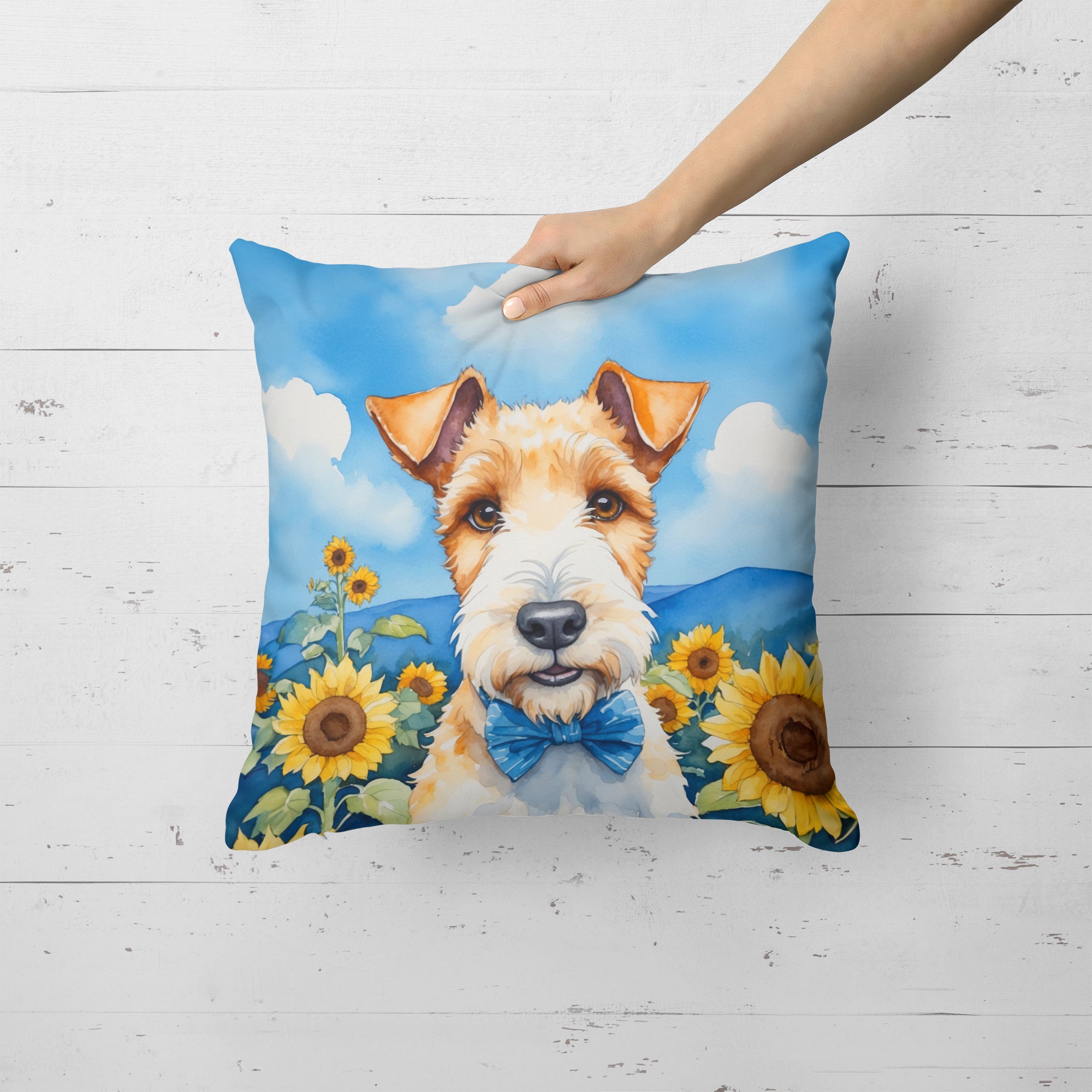 Fox Terrier in Sunflowers Throw Pillow