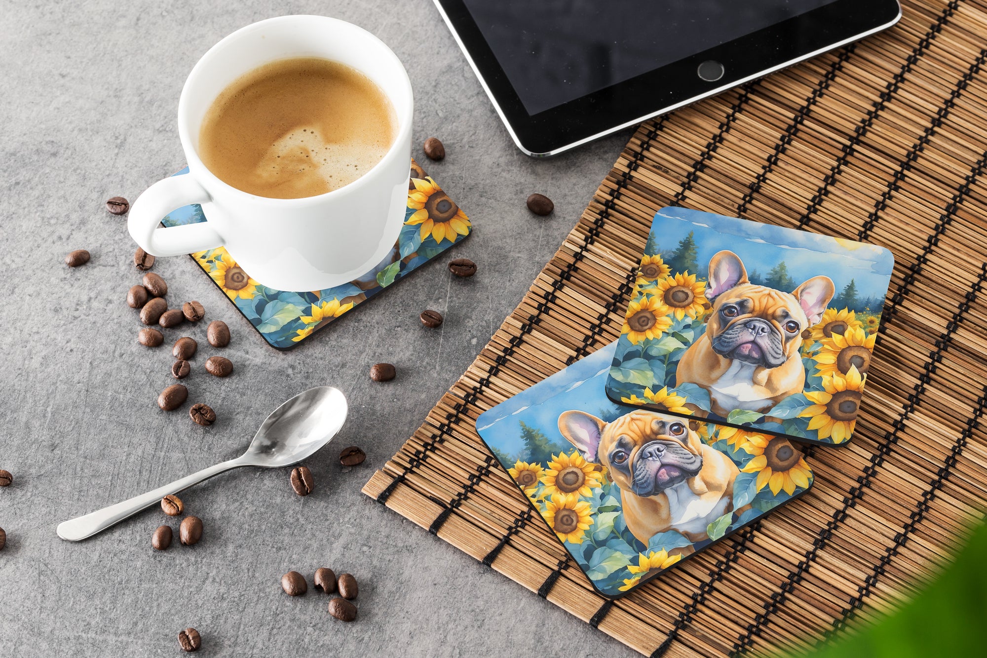 French Bulldog in Sunflowers Foam Coasters