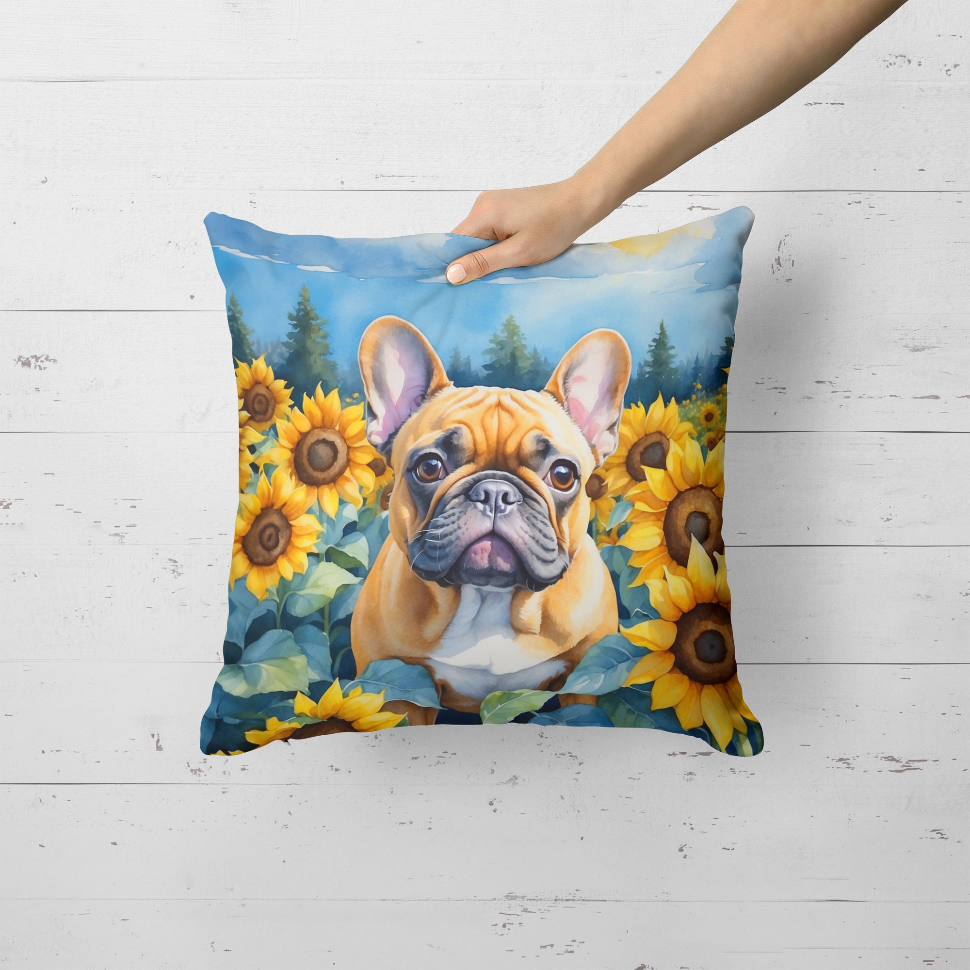 Buy this French Bulldog in Sunflowers Throw Pillow