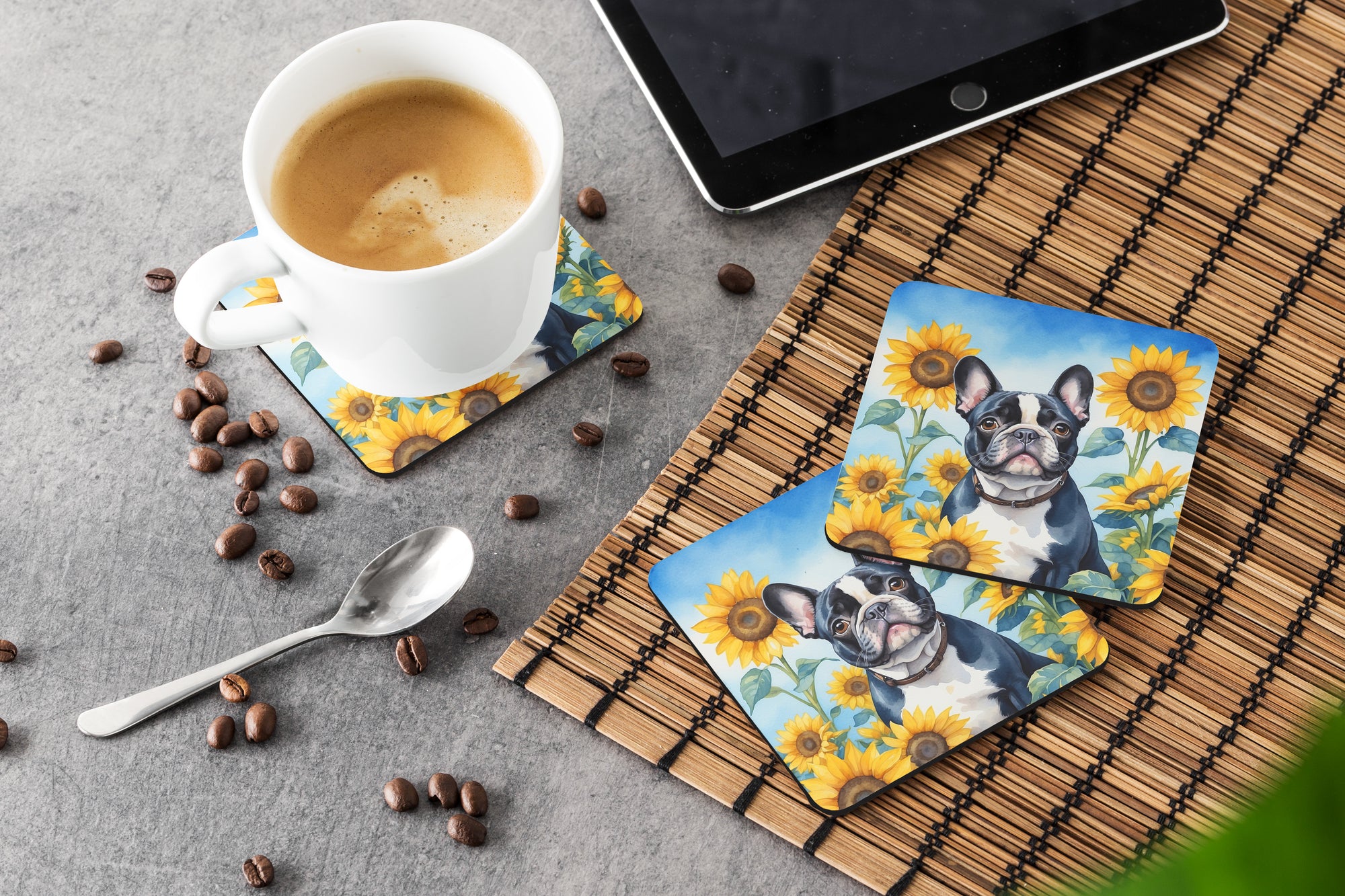 French Bulldog in Sunflowers Foam Coasters